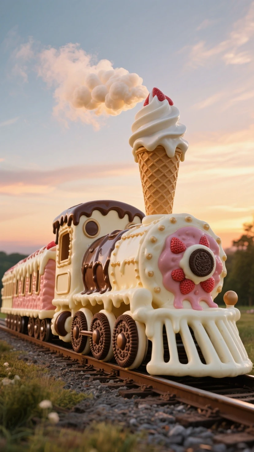 "A miniature, hyper-realistic train made entirely of ice cream, elegantly served on a white ceramic plate in a fine-dining restaurant setting. Each train car is crafted from scoops of creamy ice cream in different flavors — chocolate, vanilla, strawberry — with waffle cone panels, chocolate cookie wheels, and syrup drizzles. The engine features a tiny chimney puffing whipped cream like steam. The plate is artistically garnished with fresh berries, mint leaves, and sprinkles. Presented on a wooden table with a fork and spoon beside it, in a softly lit restaurant ambiance with blurred background bokeh. Photorealistic, shallow depth of field, macro food photography style."