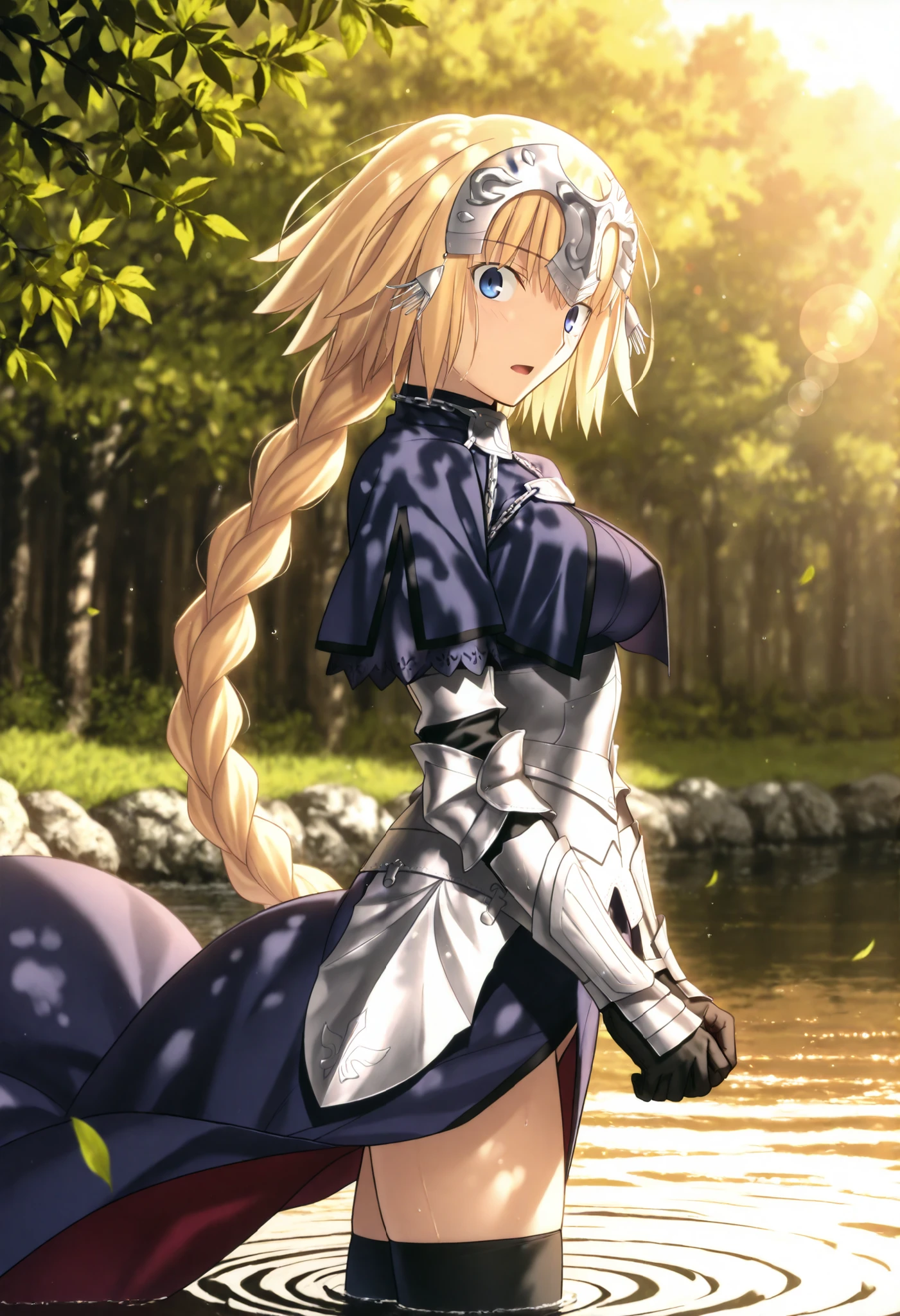 masterpiece, , absurdres, highres, detailed background, high resolution, masterpiece, necessary, detail, best quality, quality, necessary, details, High details, Precise, dark, outdoors, dappled sunlight, day, lens flare, blurry background, from side, ,river,
1girl, , Takeuchi Takashi (type-moon,tsukihime) style, takeuchi takashi style, wind lift, pantira, partially submerged, ,
girl, slim arms, jeanne d arc, \(fgo\), blue eyes, wide eyed, jeanne d arc, blonde hair, medium hair, , single braid, ((very big braid, huge braid)), , armor, armored dress, black gloves, black thighhighs, braid, dress, gauntlets, gloves, headpiece, blue dress, skip, , medium breasts, looking at viewer, ,