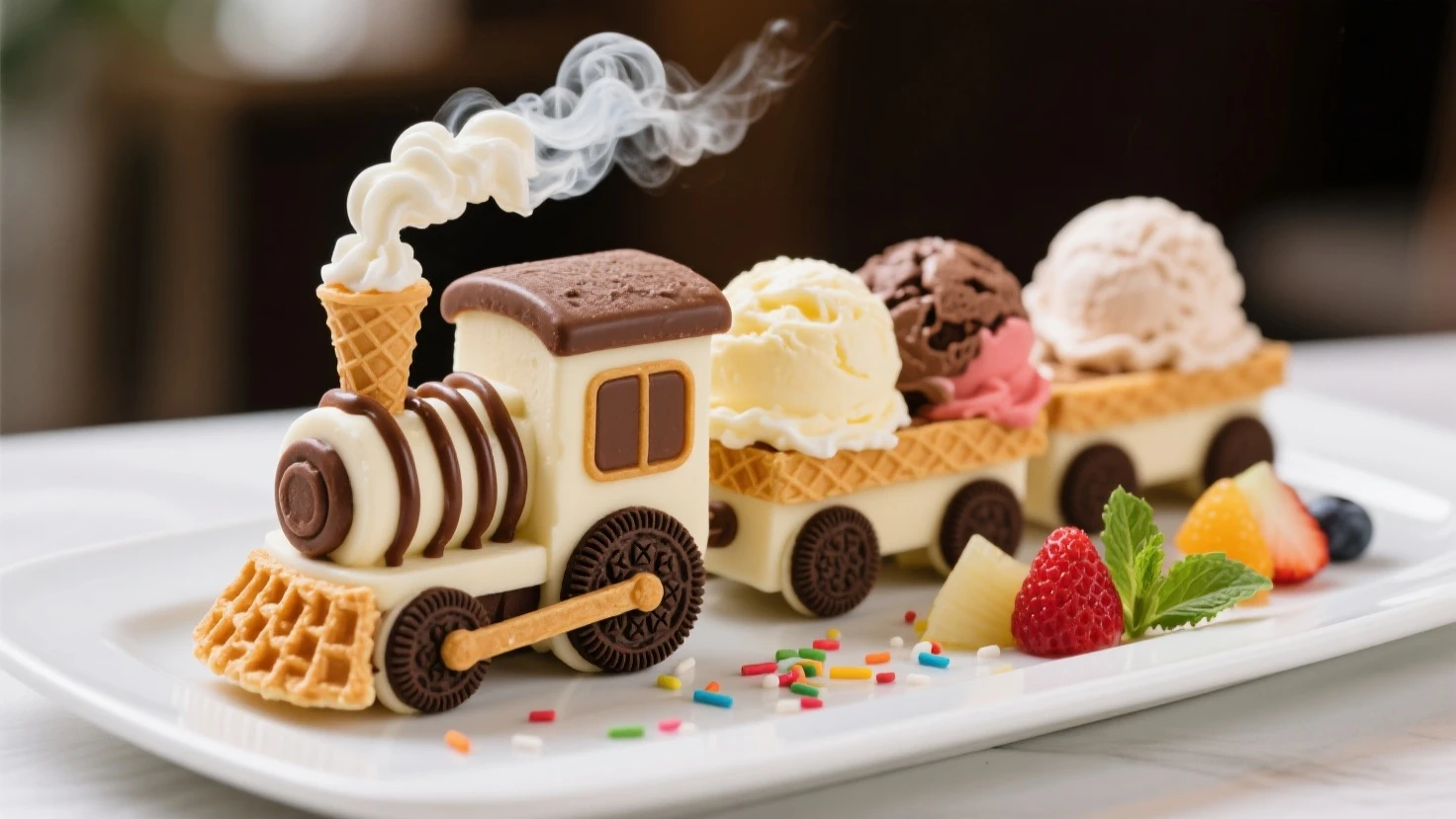 "A miniature, hyper-realistic train made entirely of ice cream, elegantly served on a white ceramic plate in a fine-dining restaurant setting. Each train car is crafted from scoops of creamy ice cream in different flavors — chocolate, vanilla, strawberry — with waffle cone panels, chocolate cookie wheels, and syrup drizzles. The engine features a tiny chimney puffing whipped cream like steam. The plate is artistically garnished with fresh berries, mint leaves, and sprinkles. Presented on a wooden table with a fork and spoon beside it, in a softly lit restaurant ambiance with blurred background bokeh. Photorealistic, shallow depth of field, macro food photography style."