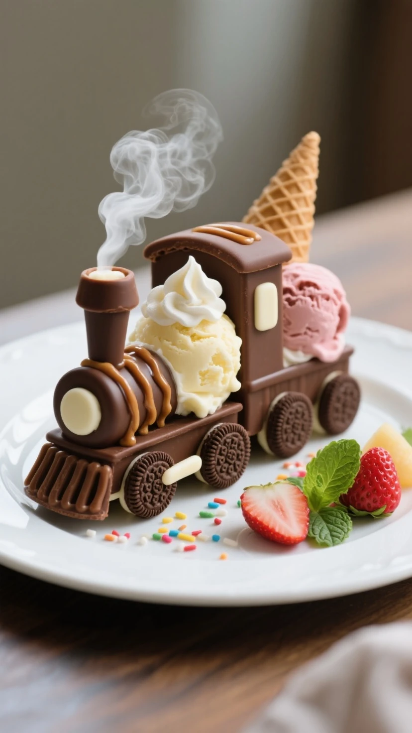 "A miniature, hyper-realistic train made entirely of ice cream, elegantly served on a white ceramic plate in a fine-dining restaurant setting. Each train car is crafted from scoops of creamy ice cream in different flavors — chocolate, vanilla, strawberry — with waffle cone panels, chocolate cookie wheels, and syrup drizzles. The engine features a tiny chimney puffing whipped cream like steam. The plate is artistically garnished with fresh berries, mint leaves, and sprinkles. Presented on a wooden table with a fork and spoon beside it, in a softly lit restaurant ambiance with blurred background bokeh. Photorealistic, shallow depth of field, macro food photography style."