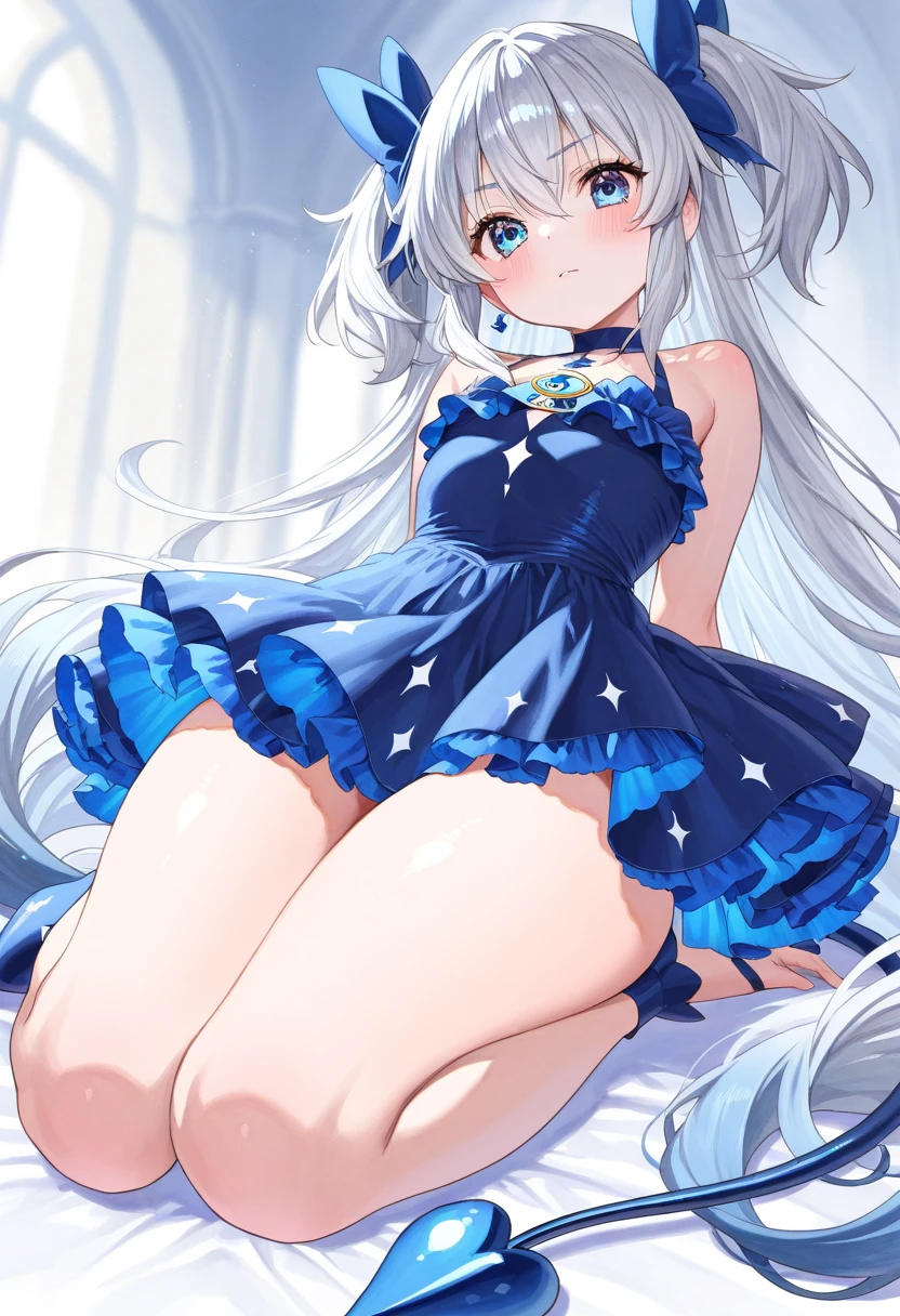 masterpiece, best quality, masterpiece,best quality,official art,extremely detailed CG unity 8k wallpaper, loli, ,( mesugaki), platinum blonde hair, hime_cut, cute face, laughing, large breasts, blue eyes, bikini,bodystocking,ass, uwabaki, crossed_legs,