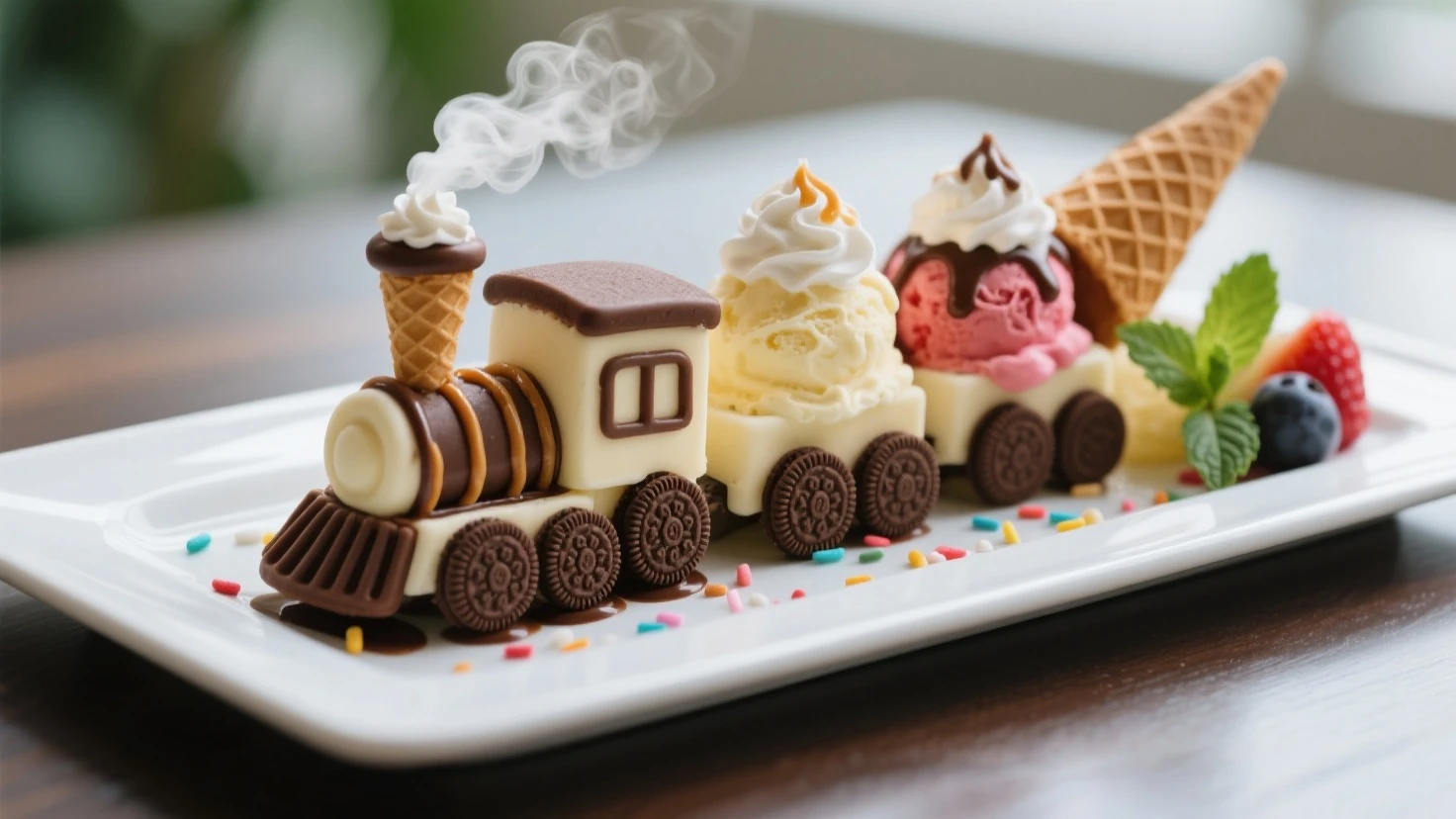 "A miniature, hyper-realistic train made entirely of ice cream, elegantly served on a white ceramic plate in a fine-dining restaurant setting. Each train car is crafted from scoops of creamy ice cream in different flavors — chocolate, vanilla, strawberry — with waffle cone panels, chocolate cookie wheels, and syrup drizzles. The engine features a tiny chimney puffing whipped cream like steam. The plate is artistically garnished with fresh berries, mint leaves, and sprinkles. Presented on a wooden table with a fork and spoon beside it, in a softly lit restaurant ambiance with blurred background bokeh. Photorealistic, shallow depth of field, macro food photography style."