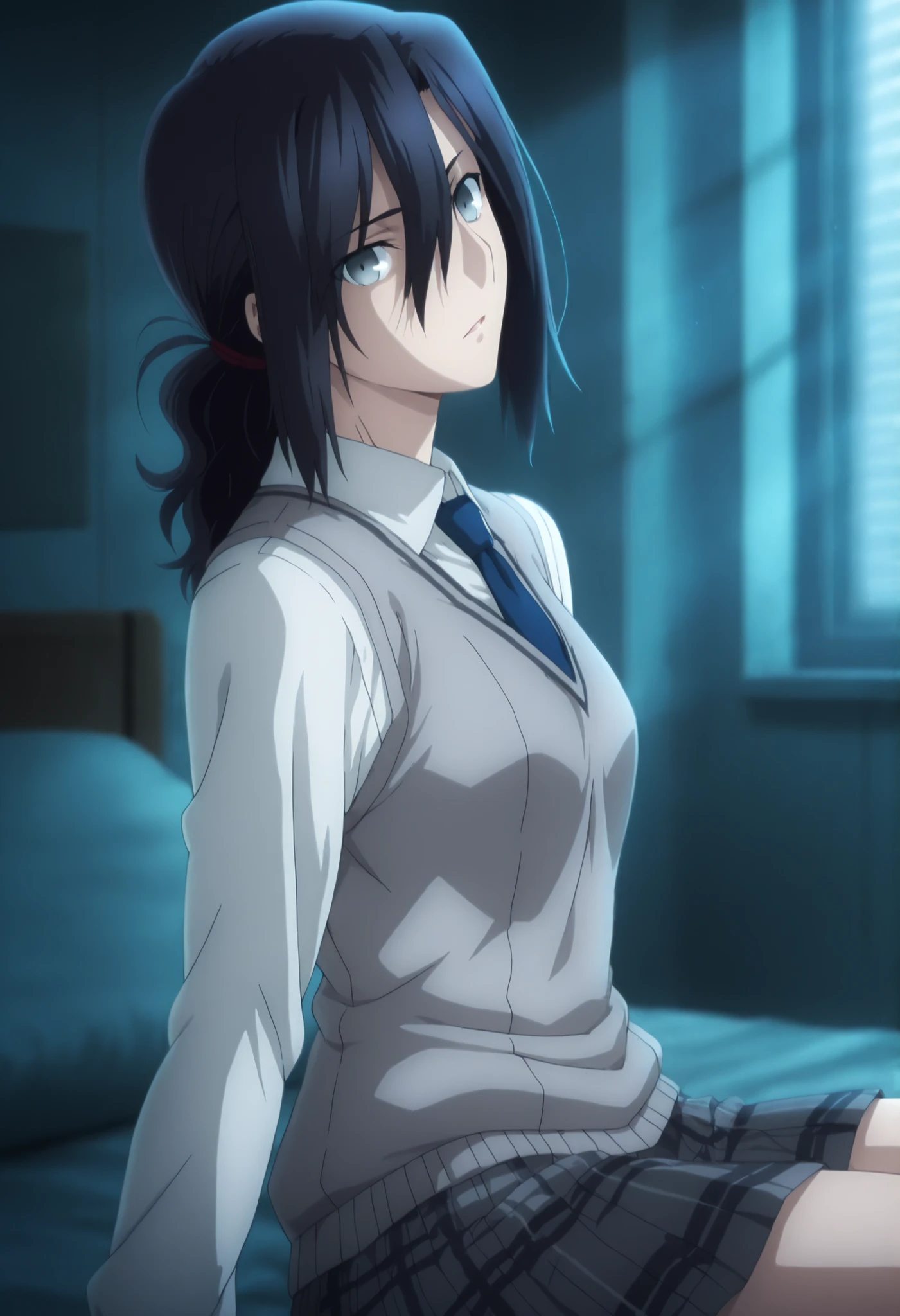 masterpiece, best quality, amazing quality, highres, absurdres, very aesthetic, high resolution, ultra detailed, perfect details, midnight, solo, 8k, indoors, ufotable style, dark bed room,(dark concrete, backlight,),large blinds, from side,
1girl, ufotable style, fate stay night anime style, (anime coloring), (anime screencap) ,(aged up),(sitting),(upper body), ,
girl, mature, slim body, slender body, Fate heaven`s feel, medium hair, Touko Aozaki, low ponytail,(light gray eyes, black hair, straight hair),gray sweater vest ,collared undershirt, sidelock, white undershirt, gray plaid skirt, pleated mini skirt, blue necktie, small breasts, head tilt, looking at viewer, ((very light skin)), , ,