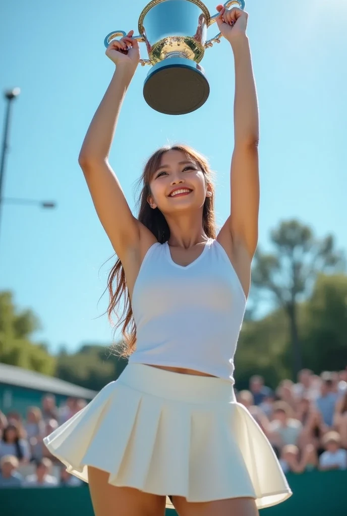 ultrarealistic high quality photo of a beautiful young european woman with cute face and brunette pigtails hair and beautiful smile, wearing casual wet t-shirt and silver spandex shorts, full body outdoor photography, public park with many other people,hands waving greeting the viewer