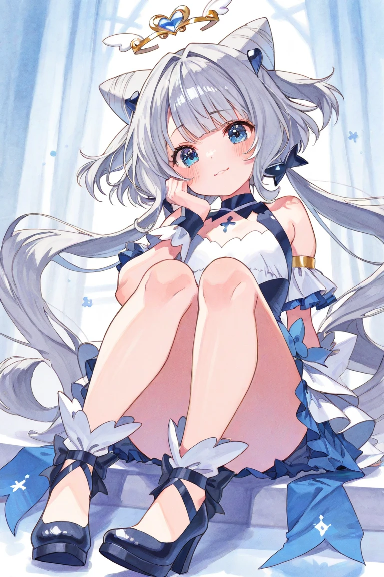 1girll，White color hair，full bodyesbian，long  skirt，Fleshy legs，white stockings，Cute white background, （Speaking heart：1.4）
