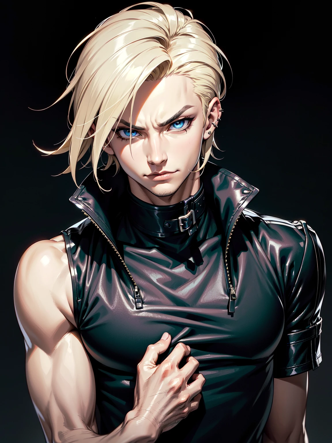(best quality, masterpiece:1.2), blond hair, masculine, curly hair, spiky hair, tousled hair, attractive face features, 20 years old, slender and toned physique, slightly longer wolf cut, hair styled with wax