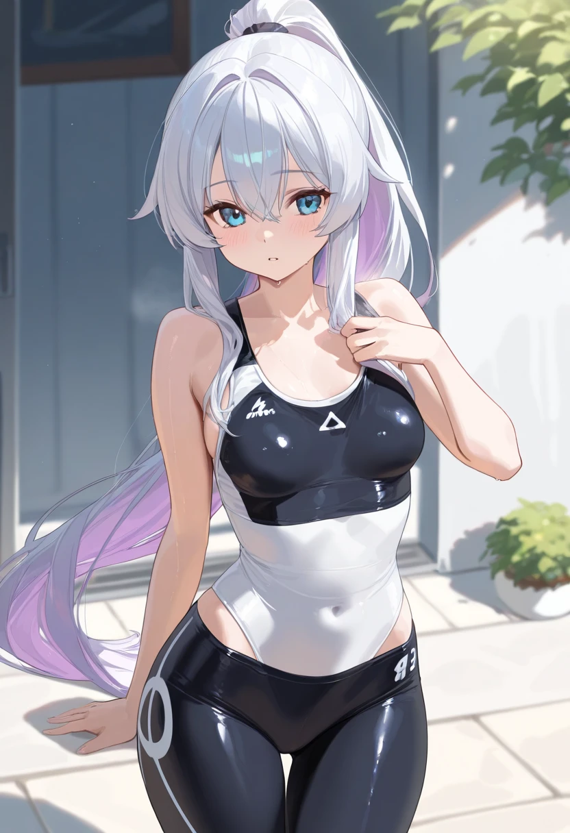 kayokoonikata, kayoko onikata, black hair, demon horns, hair between eyes, halo, horns, long hair, low wings, mole, mole on collarbone, multicolored hair, ponytail, (red eyes:1.5), single wing, two-tone hair, white hair, wings, black ponytail,
BREAK white sports bra, sport leggings, midriff, medium breasts
dynamic pose, contrapposto, solo, looking at viewer, (cowboy shot:1.5), closed mouth, masterpiece, best quality, serious, angry 
BREAK (masterpiece:1.2), best quality, high resolution, unity 8k wallpaper, (illustration:0.8), (beautiful detailed eyes:1.6), extremely detailed face, perfect lighting, extremely detailed CG, (perfect hands, perfect anatomy), angry eyes, solo, white background, assertive 