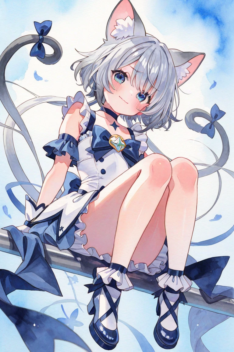 (masterpiece, best quality),1girl,pleated skirt,knees up,arm support,white background,open mouth,white shirt,looking at viewer,solo,smile,simple background,short sleeves,:d,twintails,full body,