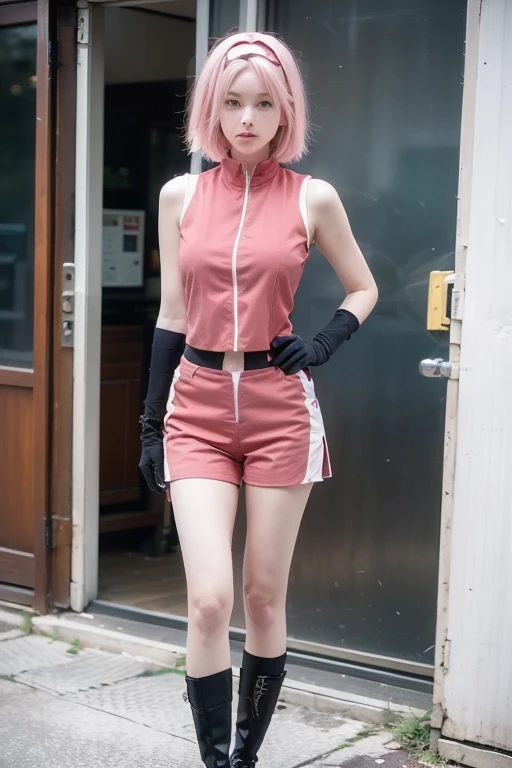 A girl cosplaying as the character sakura from the anime naruto shimpudder. She has long pink hair, a bandana tied in white, a green ninja vest, naruto shimpudder-like costume, Slightly open neckline, red color outfit with black, bright green eyes, tight black shorts, thick legs, slim waist, fighting stance, wears black gloves, black boots,  ultra realistic and detailed cosplay of the character sakura. Masterpiece, Ultra HD, 8k, photography, real skin, real hair, blurred background f1.2. Masterpiece, professional realistic photography style. 