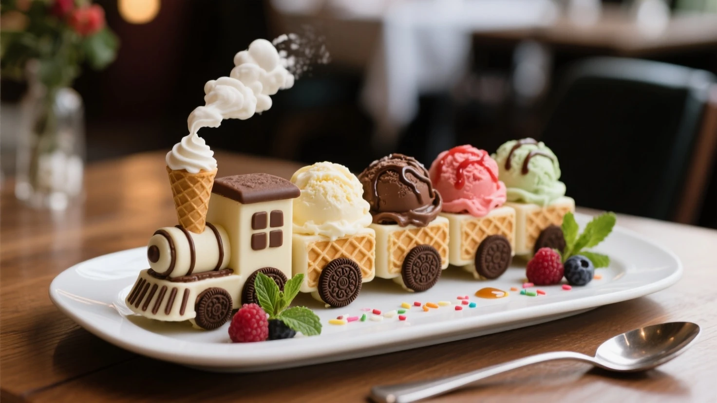 "A miniature, hyper-realistic train made entirely of ice cream, elegantly served on a white ceramic plate in a fine-dining restaurant setting. Each train car is crafted from scoops of creamy ice cream in different flavors — chocolate, vanilla, strawberry — with waffle cone panels, chocolate cookie wheels, and syrup drizzles. The engine features a tiny chimney puffing whipped cream like steam. The plate is artistically garnished with fresh berries, mint leaves, and sprinkles. Presented on a wooden table with a fork and spoon beside it, in a softly lit restaurant ambiance with blurred background bokeh. Photorealistic, shallow depth of field, macro food photography style."