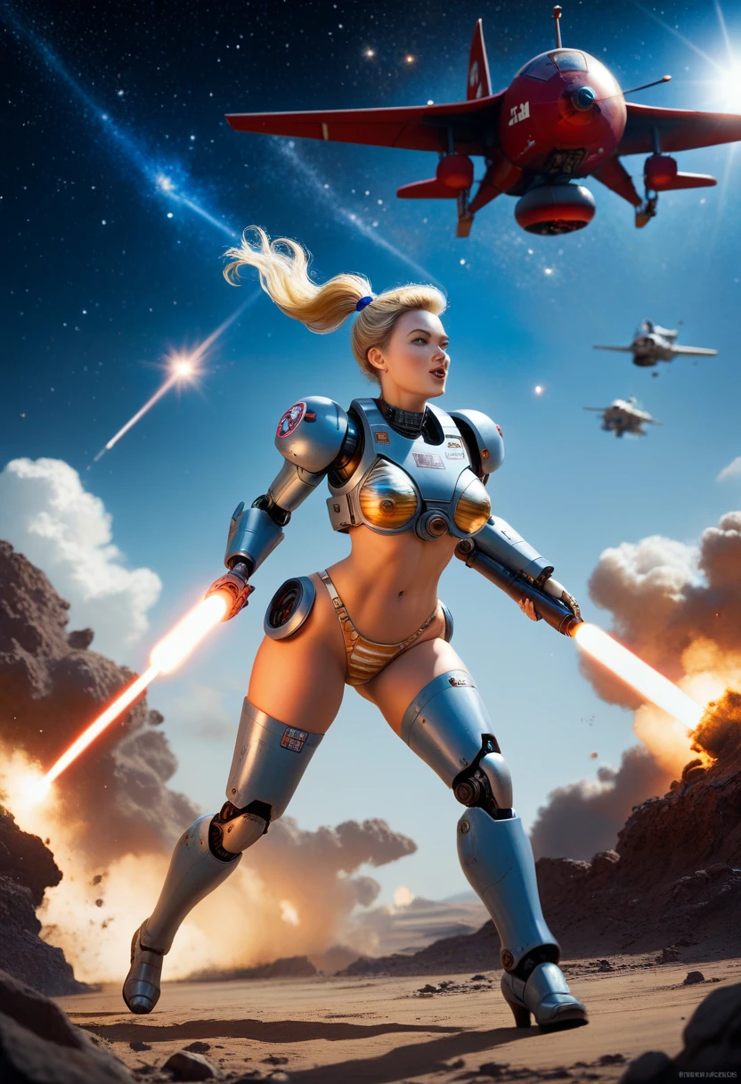 Realistic 16K resolution red blue colors tone photography of A breathtaking landscape on a planet in the Orion constellation, where gigantic mechanical are mining iron silver ore from a huge mine. Surrounding futuristic domes, curvilinear structures, while meteors intermittently streak across the sky. 1 blonde girl, wearing intricate high-tech bodysuit covering her entire body with biomechanical style, intricate mechanical details, glowing cybernetic enhancements, break, 1 blonde girl, full body shot, Exquisitely perfect symmetric very gorgeous face, Exquisite delicate crystal clear skin, Detailed beautiful delicate eyes, perfect slim body shape, slender and beautiful fingers, legs, perfect hands, legs, illuminated by film grain, realistic style, realistic skin texture, dramatic lighting, soft lighting, exaggerated perspective of ((Wide-angle lens depth)), Fantasy, extreme detail description,