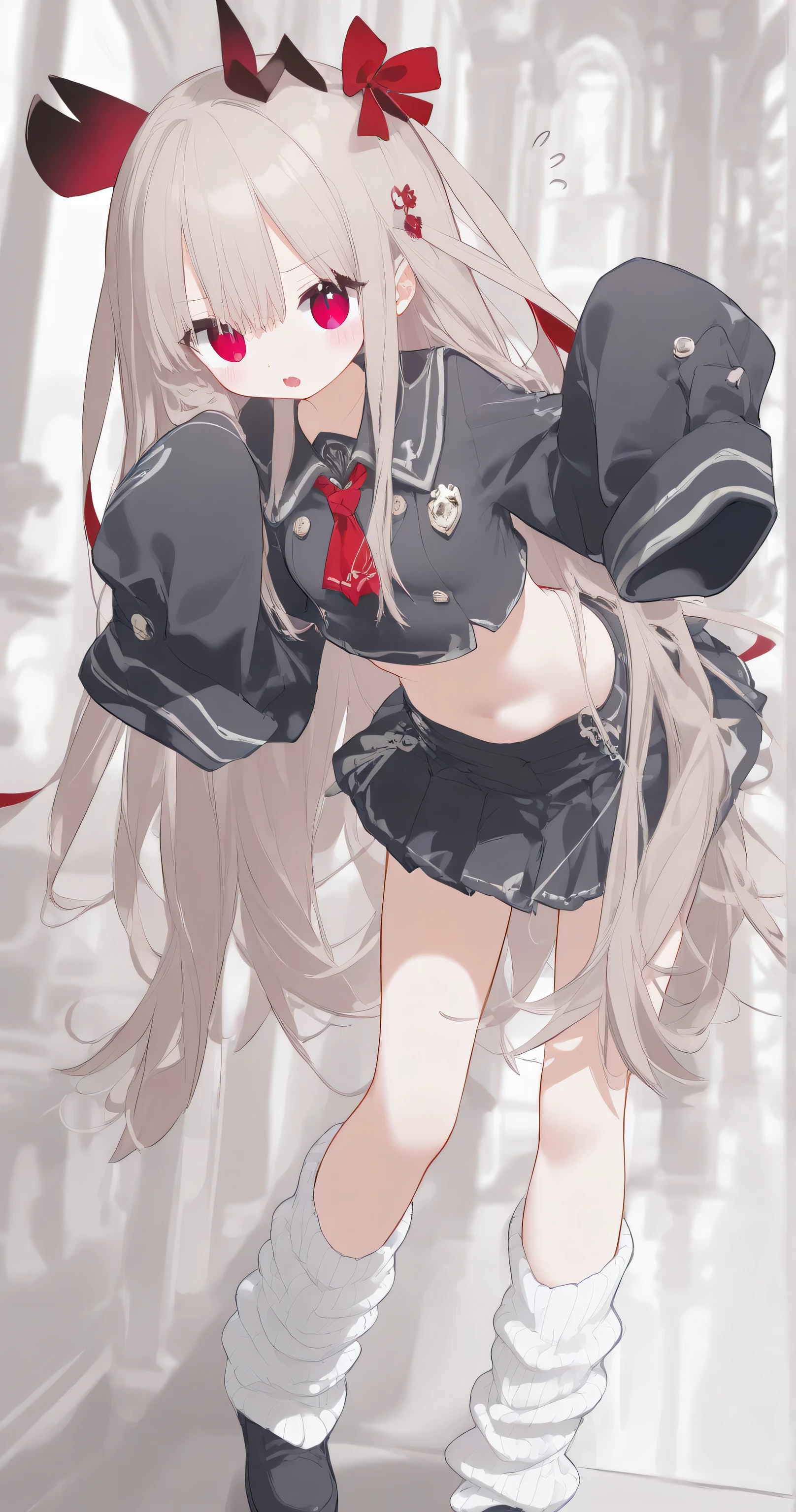 1girl, evil neuro-sama, (yuzu modoki), red eyes, light brown hair, ahoge, two side up, hair ribbon, dark red ribbon, heart hair ornament, black dress, frilled dress, off-shoulder dress, bare shoulders, frilled choker, long sleeves, red bow, red buttons, black heart, black socks, frilled socks, grey footwear, loafers, (masterpiece, best quality), highly detailed, finely detailed, wet, steam, looking at viewer, see-through dress, covered nipples, underwear, cleavage, collarbone, from below, simple background, stomach, split, standing split, standing on one leg, dress lift, upskirt, tongue out, open mouth, angry, (3d render:0.7),