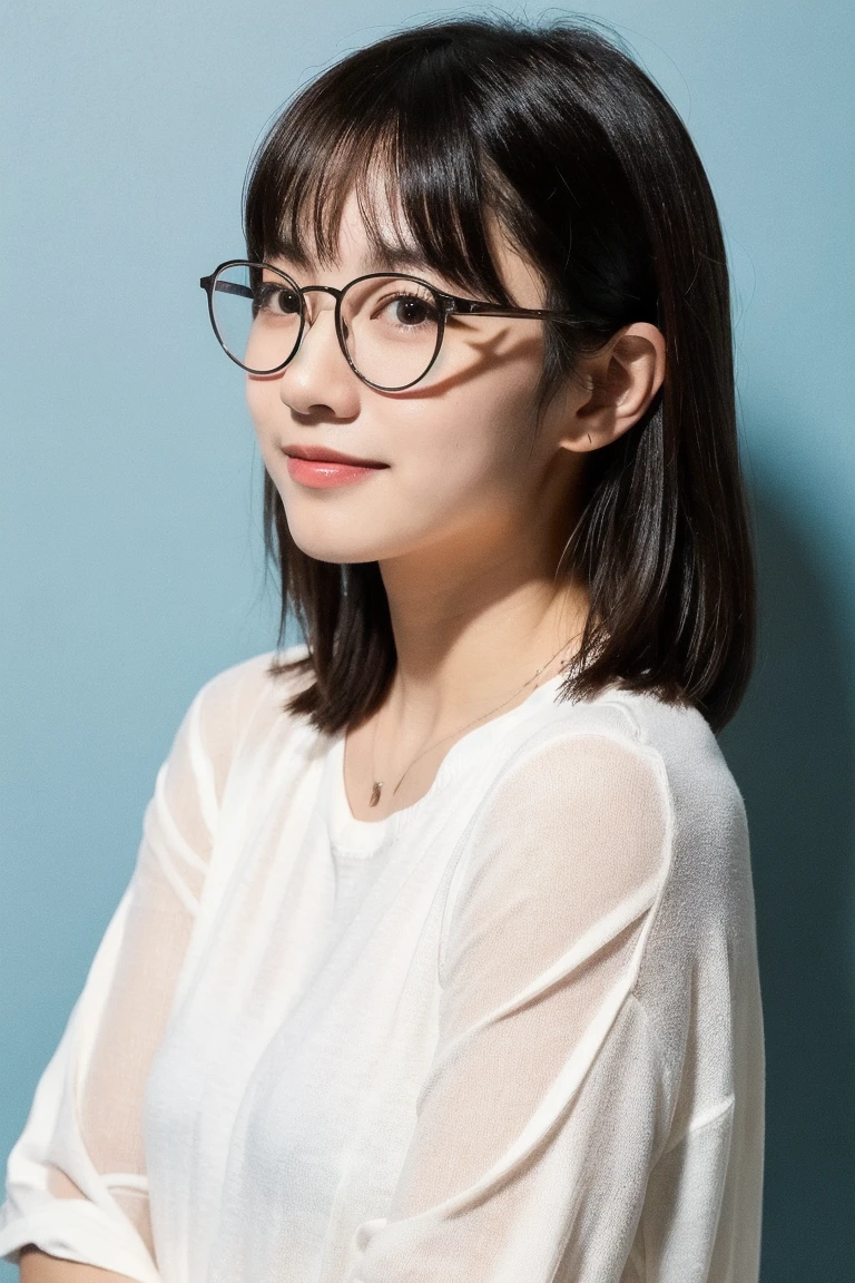 masterpiece,best quality,higher 1girl, solo, realistic, looking at viewer, black hair,glasses,simple background
,water jacket