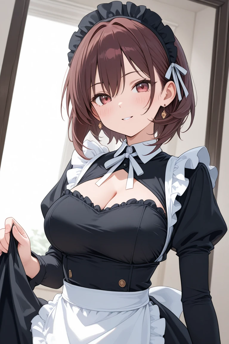 (best quality), (Super detailed), (Best Illustration), (detailed eyes), (1girl), upper body, look at viewer, (maid:1.2), (large breasts:1.2), curvy body, blush, brown hair, (bob cut), curly hair, hairs between eyes, twinkle(in the eyes), blue eyes, (indoor:1.3),