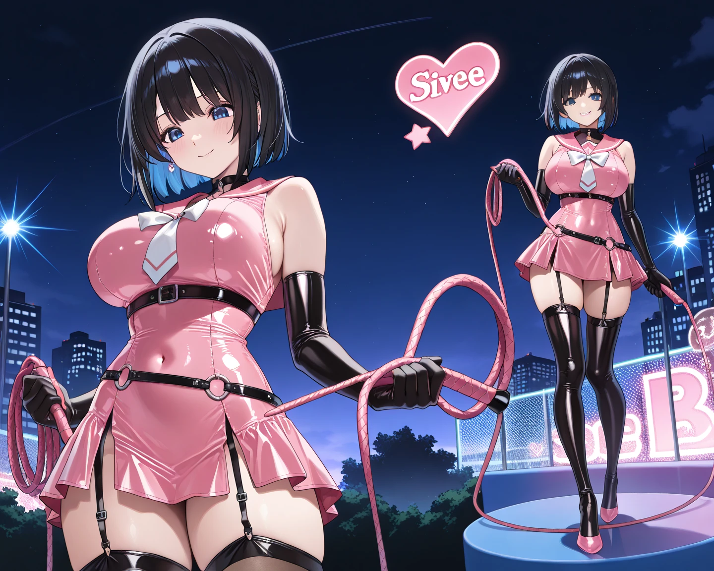 NSFW,masterpiece,Highest quality,High resolution,Very detailed,Young face girl,Short height,Leather Dresses,Leather tights,Leather Gloves,Sleeveless,hair ornaments,Earrings,Decoration,Nightlife,cyber punk,(Ecstasy face),Lustful face,Embarrassed,blush,Drooling,Erect nipples,(Sex slave),A flattering face,(prostitution),(Prostitute),(Have sex),insert,Slut