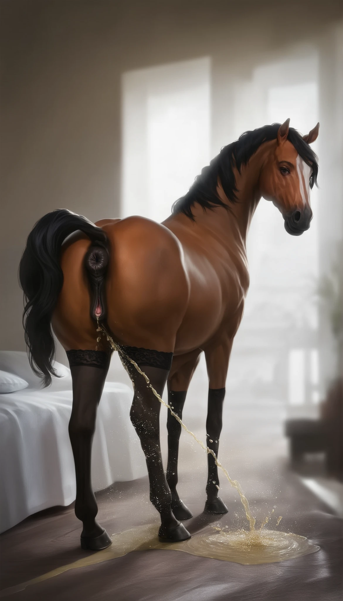 A feminine ebony donkey posing seductively bent over in front of the viewer in a private bedroom with its long veiny erect equine penis and huge testicles hanging beneath, equine, equine penis+, Masterpiece, highly detailed image, highly detailed genitalia, 4k, 4k resolution, veiny penis, thick penis, big testicles, by Truegrave9, by Virtyalfobo, by Chunie, by Clockhands, black body, looking back at viewer, black penis, thick theighs, huge testicles, big penis, flared penis, precum, penis sheath, looking pleasured+, bedroom eyes, dominant male, inviting viewer, puffy anus, long tail, breasts, boobs, bubblett butt, big butt ,tits, face down ass up,