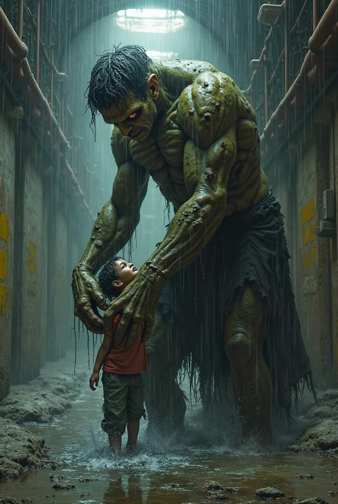 Two character, ??? boy with old man green orc, full body version, ??? boy has curly black hair, red eyes, he's topless, he's happy, open mouth, indoor, town, (one piece style art)