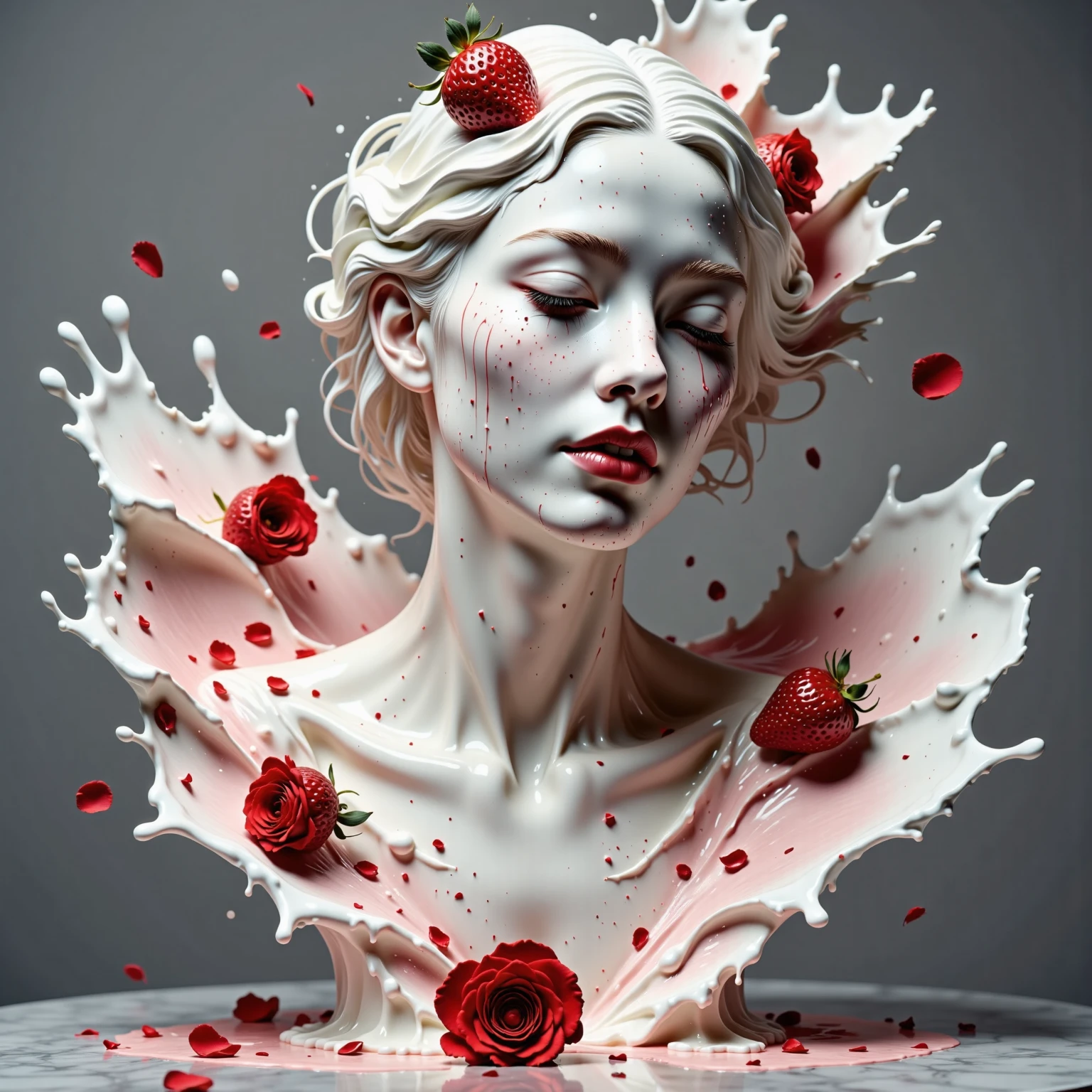 (best picture quality，4K,8k，HD，masterpiece:1.2)，Super detailed，(lifelike，lifelike，lifelike:1.37)。splash ink，paint splattered （3D portrait sculpture，Pure white sculpture，marble sculpture，close eyes，Looked up），（Still life table setting，Dark background cloth，Rose petals scattered on the countertop）