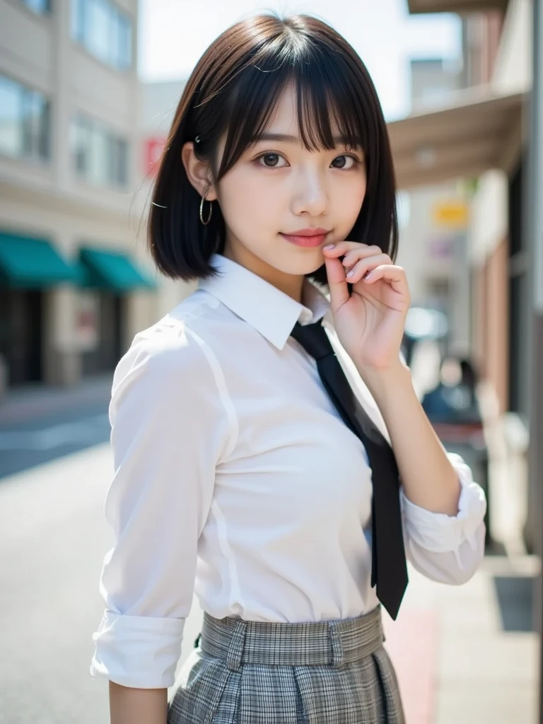 masutepiece, Best Quality, Illustration, Ultra-detailed, finely detail, hight resolution, 8K Wallpaper, Perfect dynamic composition, Beautiful detailed eyes, Women's Fashion,Very short hair,Small breasts natural color lip, Bold sexy poses,Smile,Harajuku、20 years girl、Cute、Sexy shot looking at camera、((White shirt)),(Check miniskirt)、Black socks、(Black knee socks)、(Loafer shoes)、on tokyo street、natta、A city scape
