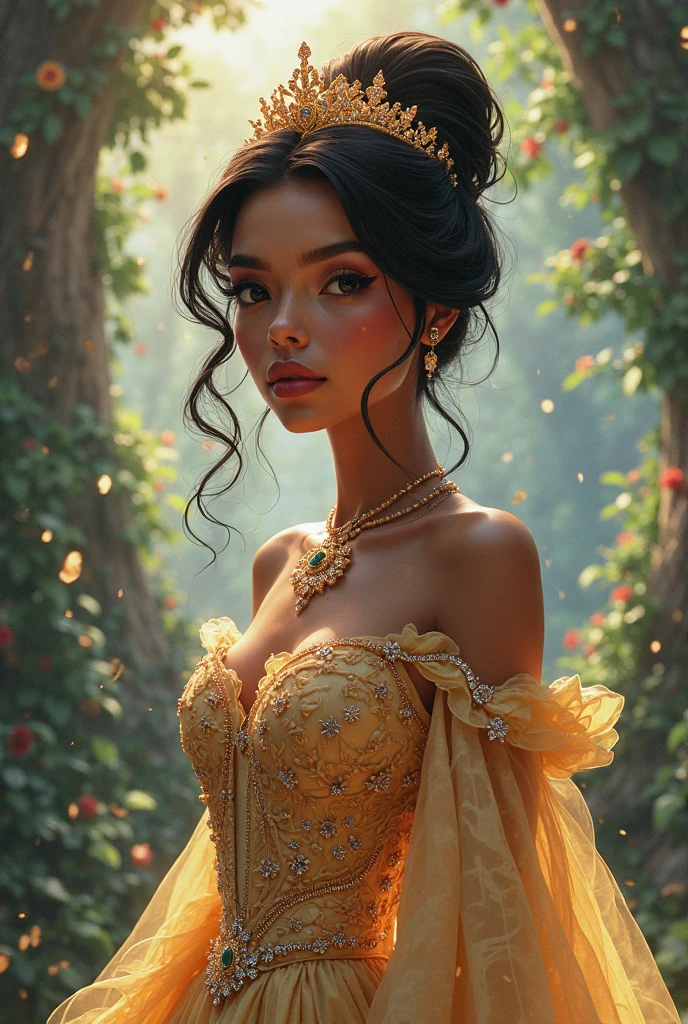 (masterpiece portrait photography:1.4) of a alluring ravishing curvy Nazriya Nazim, posing in a garden , wearing beautiful, wearing strappy vintage ornate mindress, ornate royal garden, (long flowing wavy backlit hair:1.2), fair radiant skin, vivacious, lustful glance, exhilarated (captivating kohl lined eyes:1.1) , (seductive smile:1.3) soft dramatic lighting, falling petals and flowers bokeh, key lighting, backlit, light rays, highly detailed, trending on artstation, paint splashes, rich colour, wind all around, abstract portrait, by Ron hicks