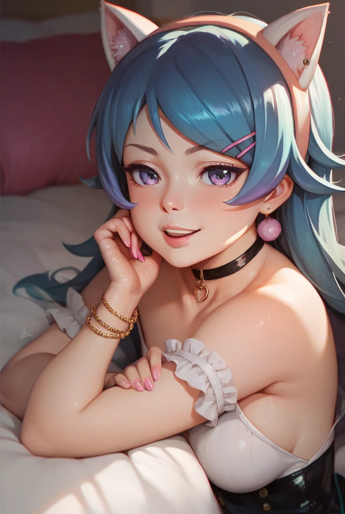 masterpiece, best quality, highly detailed, close up, (1 girl) lying in bed, pink underwear, bare breasts, smiling, blue hair, 80s, neon, synthwave