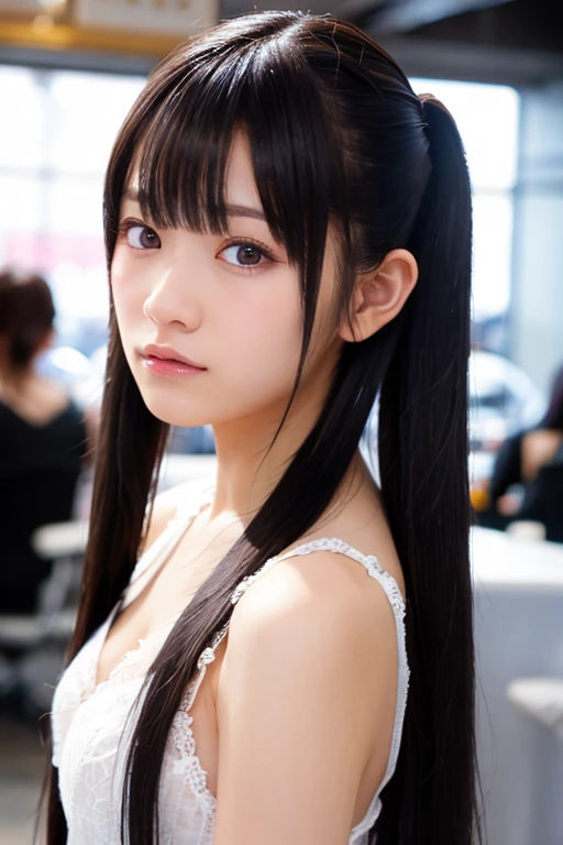 One girl,(Off the shoulder,Japan,Twin tails、Black Hair,  ),(RAWphotograph, highest quality), (Realistic, photo-Realistic:1.4), masterpiece, Very delicate and beautiful,, photograph, Very detailed, Kodak Portrait 400,Film Grain,2k wallpaper, wonderful, In detail, Very detailed CG unity 8k wallpaper, Very detailedな, High resolution, Soft Light, Beautiful detailed girl, Very detailed eyes and face, Beautifully detailed nose, Beautiful fine details,Cinema Lighting,City lights at night,street 、Kissing Face、Kiss、Licking my tongue、Nasty clothes、Upper Body、Cleavage、slouch、Naughty smile、Armband、Exposing your chest