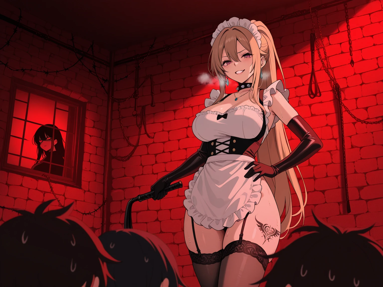 Masterpiece, very detailed, ultra detailed, one, (1 female maid), she is in a maid costume, and in an elegant position, super mature, tall, milf, mature mother, super long hair, golden hair, with ultra-golden hair and combed on the sides, golden dragon horns, beautiful, charming, glowing blood-red eyes, elegant, big breasts, kind face, charming, bright red background, dead atmosphere, against the background of zombies and ghouls.