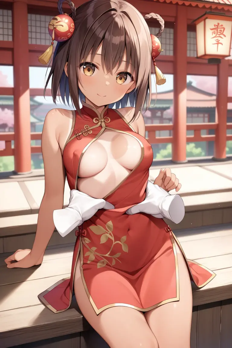 masterpiece, 1 girl, ((topless)), underboobs, intricately detailed, huge nipples, puffy nipples, navel, bare shoulders, short brown hair, men on the background, pond, extremely detailed, game, bare stomach, sweaty, moist breath, collarbones, sweaty, embarassed, smiling, aqua eyes, red hakama, bead necklace, holding paintbrush, body graffiti, cleavage, arm strap, sideboobs, hakama, shrine maiden, japanese shrine, scenery, full body, tied on waist, navel