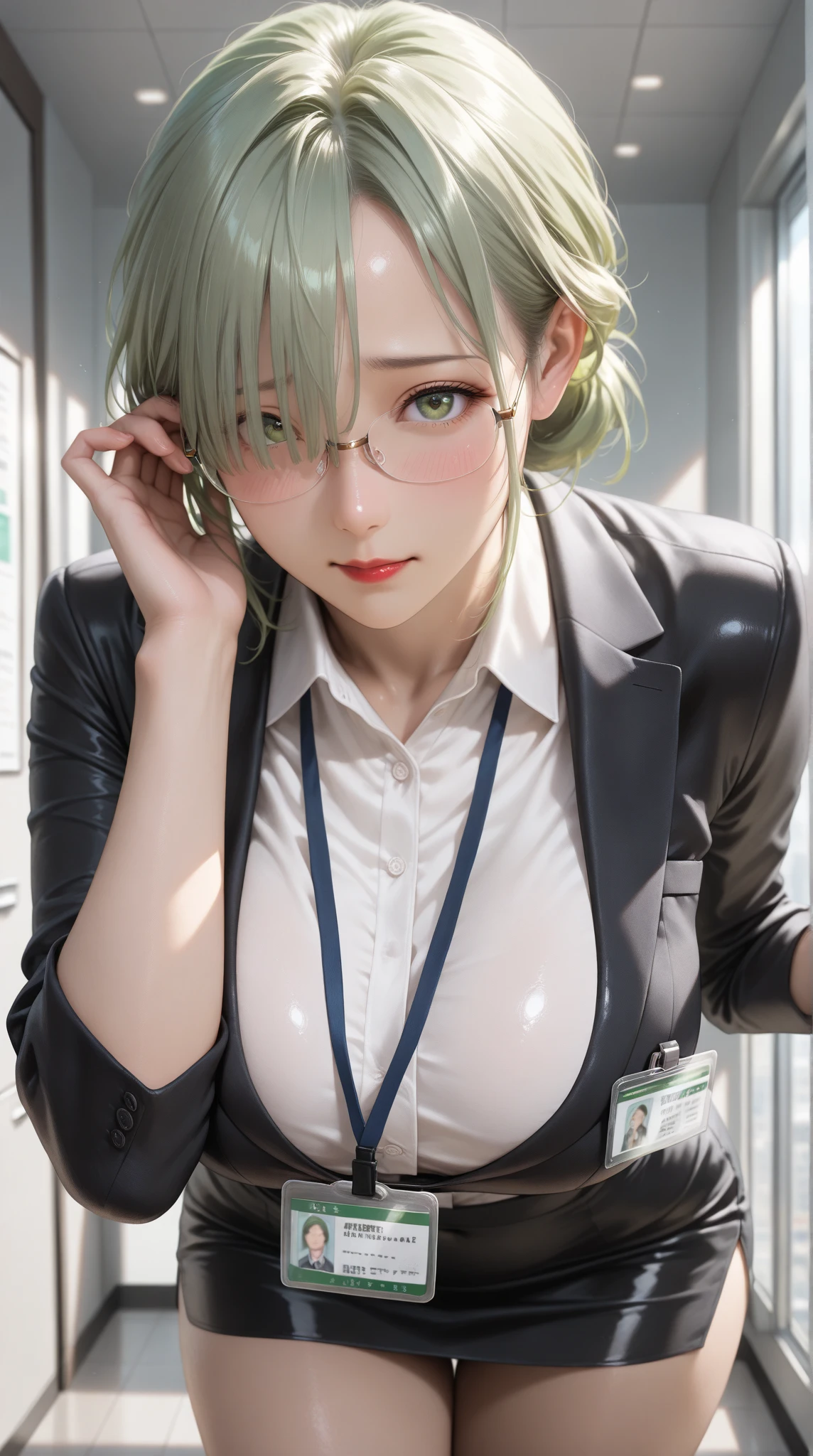 Green hair shortcut female doctor、Illustration,,intricate detailes,hight resolution, High resolution、Hospital with a retro atmosphere、A highly detailed、Twinkling in the Stars、A sexy、eye glass、cross one's legs、Manteau blanc、injection