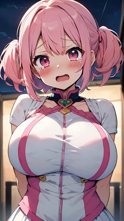 (((pixel perfect, Perfect in every detail))), alone, 1 girl,  pinot, white dress, looking at the viewer, smile, Multicolored hair,cleavage,(huge breasts),full bust,((busty)),Round breasts ,Athletic breasts,slender,Skinny Body ,toned,troubled face,
breath,sweat,wet,smirk,nose blush, heart-shaped pupils,(black bra:1.4),(thin waist:1.4),(narrow waist:1.6),(toned stomach),blush,excited,
