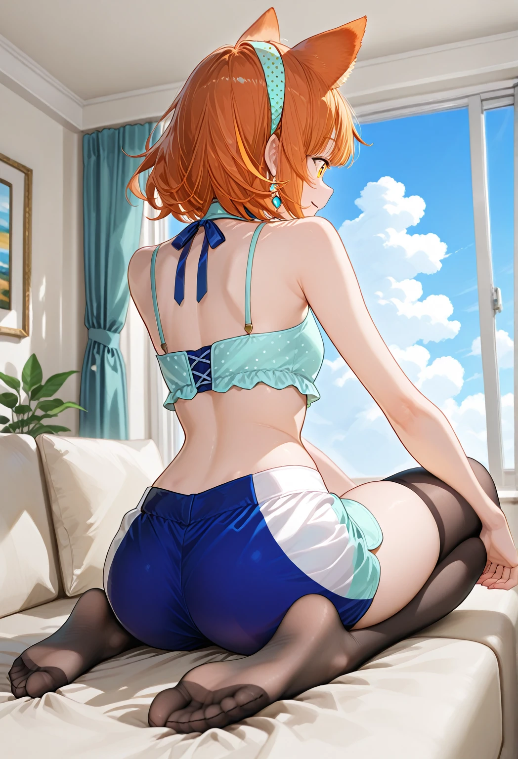 (Masterpiece, High quality), realistic anime style, love live,kousaka honoka love live, orange hair, blue eyes, illustration, beautiful, Blushing, breasts, solo, ass view, lace bra, blue lace thong panties،standing,ass focus ,cum on ass, annoyed ,torn clothes