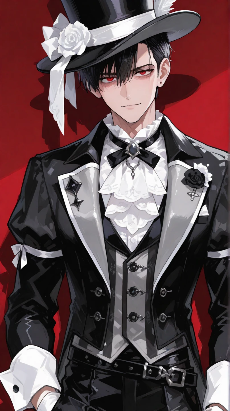 Kyoutarou Ichikawa (My friend and I), defined body, very serious expression, A white suit jacket with black details on the shoulders, a black shirt under the suit with a skinny tie that has a gold brooch with a wolf figure. his belt, It has a large and decorative buckle, White dress pants, blood stained clothes, elegant clothes, holding a knife with a golden handle.