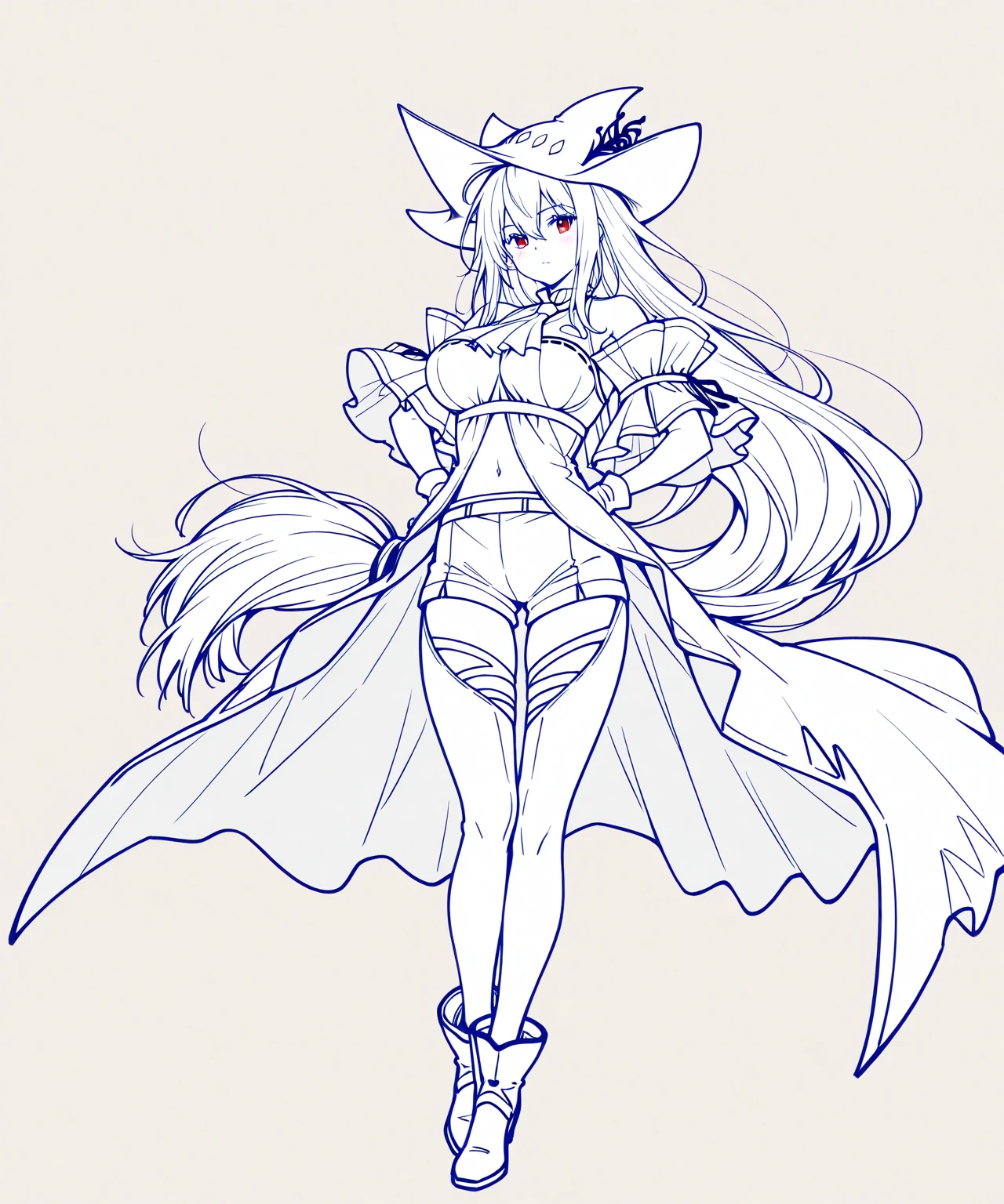 ((best quality)) , ((masterpiece)) , (detailed) ,1girl, (monochrome), hat, solo, santa hat, greyscale, long hair, clarisse (granblue fantasy), gloves, cape, thighhighs, smile, open mouth, swimsuit, navel, sitting, bikini, looking at viewer, wariza, breasts, fur trim, christmas, heart, boots, ponytail,(((line art drawing))) , professional, sleek, modern, minimalist, graphic, line art, vector graphics