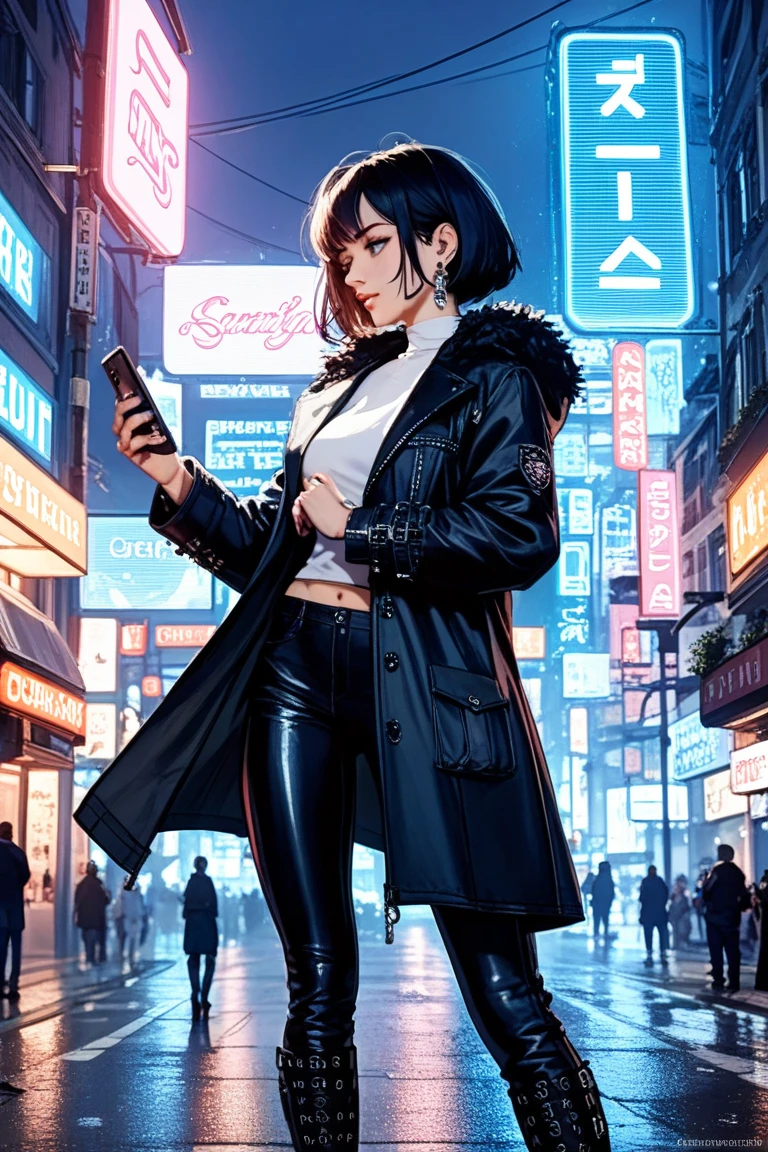 A mysterious agent, enveloped in the shadowy embrace of city streets at night, standing on a corner illuminated by the neon glow of nearby shop signs. She is an embodiment of stealth and anonymity, with a pair of sleek, black sunglasses perched on the bridge of his nose despite the cloak of darkness. Herattire is a timeless blend of functionality and style, featuring a form-fitting leather jacket that whispers of secrets and the thrill of the clandestine. The sunglasses cast a reflection of the bustling urban nightlife, revealing the stark contrast between the vibrant, chaotic world around him and his stoic, focused gaze. The agent's posture is relaxed yet vigilant, one hand casually tucked into his jacket pocket, hinting at the concealed gadgets or weapons ready for action. Her eyes are unseen, a mirror to the untold stories he carries, as he watches the interplay of shadows and lights dance across the wet asphalt. The vibrant hues of the city lights create a stark palette of blues, purples, and reds, setting the stage for the unseen narrative unfolding in the heart of the metropolis. The tension is palpable as the agent's silhouette cuts through the mist, a silent sentinel amidst the symphony of nocturnal life, poised for the next move in a game of shadows that plays out on the grand chessboard of the city.