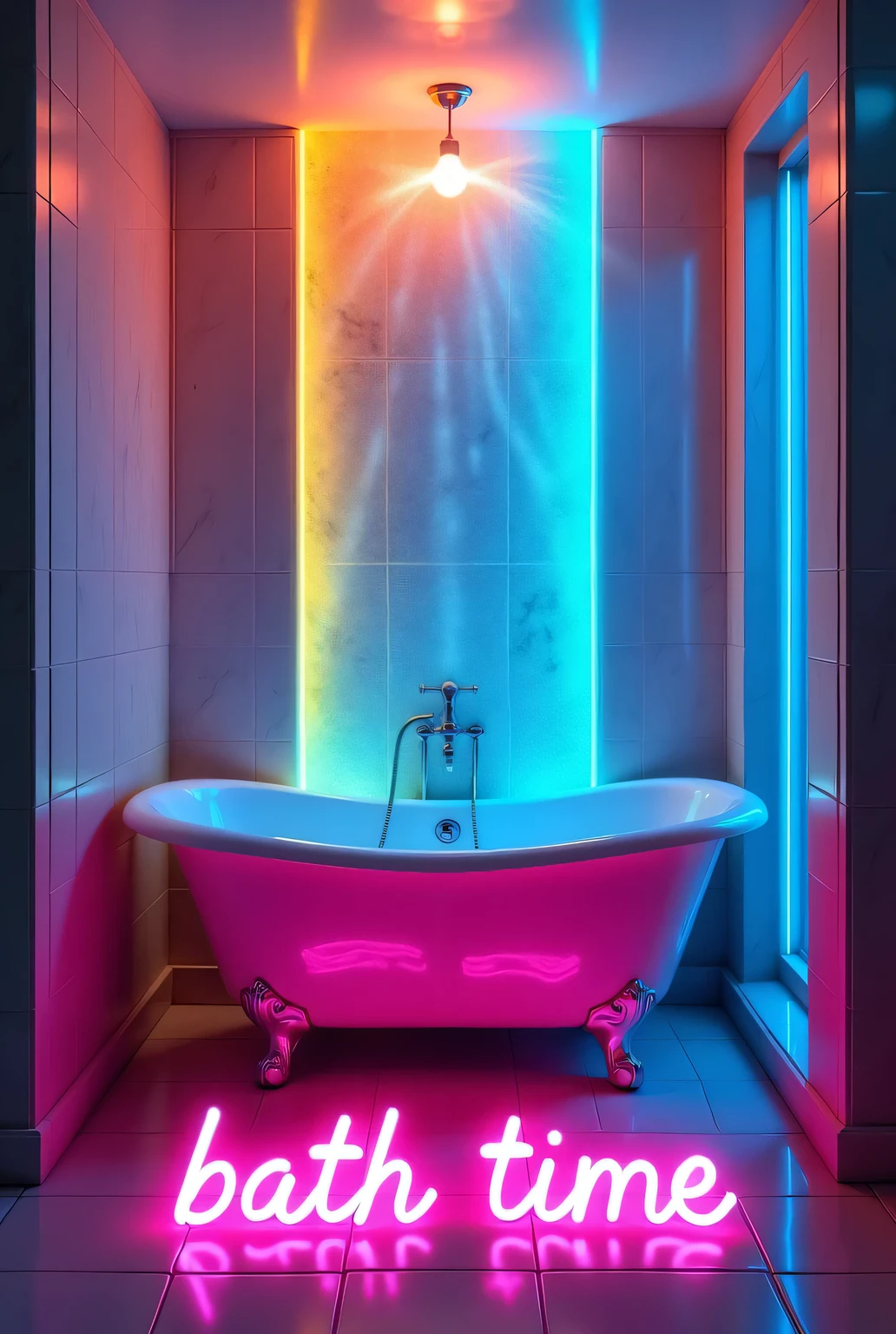 Make me a bathroom with a 70s style tub with a vaporwave theme Purple and pink colors 