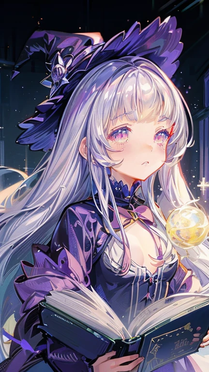 (8k, Highest quality, masterpiece: 1.3),Ultra-high resolution,1 girl, alone, whole body ,Highly detailed face, eye, (Silver-gray hair), thin hair clip, Cyan Color Shift Eyes, Expressive eyes, Ecstatic expression, Bohemian style, cotton, linen,orange, brown, Beaded Necklaces, fringe, Magic Cave, green, purple, Money, dark, Magical Glitter
