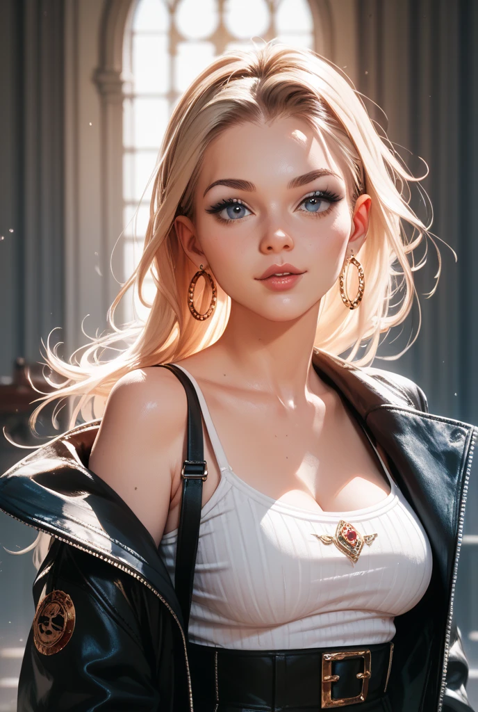 1girl, solo, looking at viewer, makeup, mid day, (realistic:1.2), (realism), (masterpiece:1.2), (best quality), (ultra detailed), (8k, 4k, intricate),(full-body-shot:1), (85mm), lighting, (highly detailed:1.2),(detailed face:1.2), (gradients), sfw, colorful,(detailed eyes:1.2)(detailed background),detailed, (dynamic angle:1.2), (dynamic pose:1.2), (rule of third_composition:1.3), (Line of action:1.2). American. Beautiful woman, large cleavage, blond hair, leather, street background