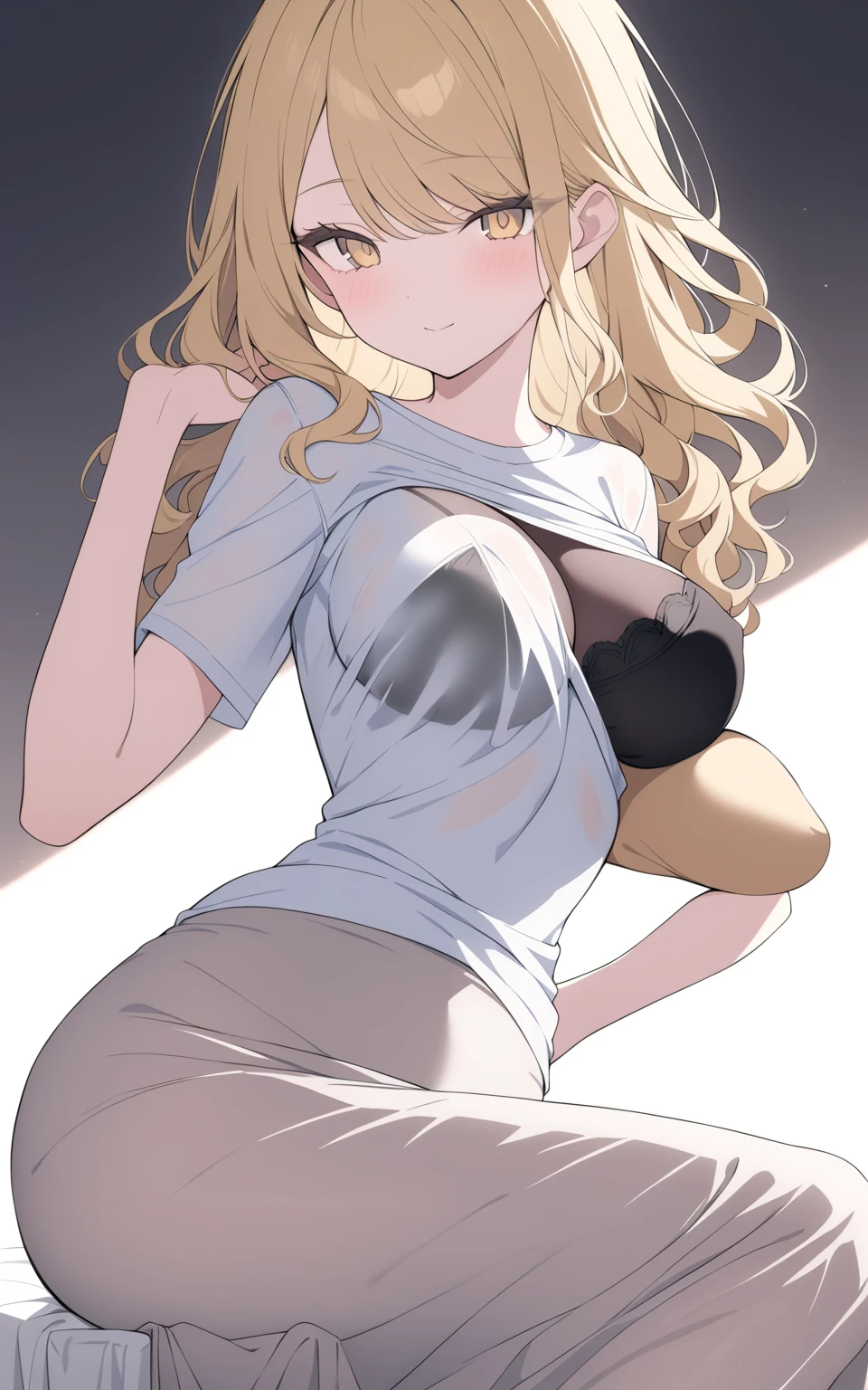 A tall girl with big breasts, beautiful, long yellow hair, her gray eyes, pink lips, wears a white button-down shirt tied with a knot, showing her breasts, showing her belly, and a long purple skirt, pregnant.