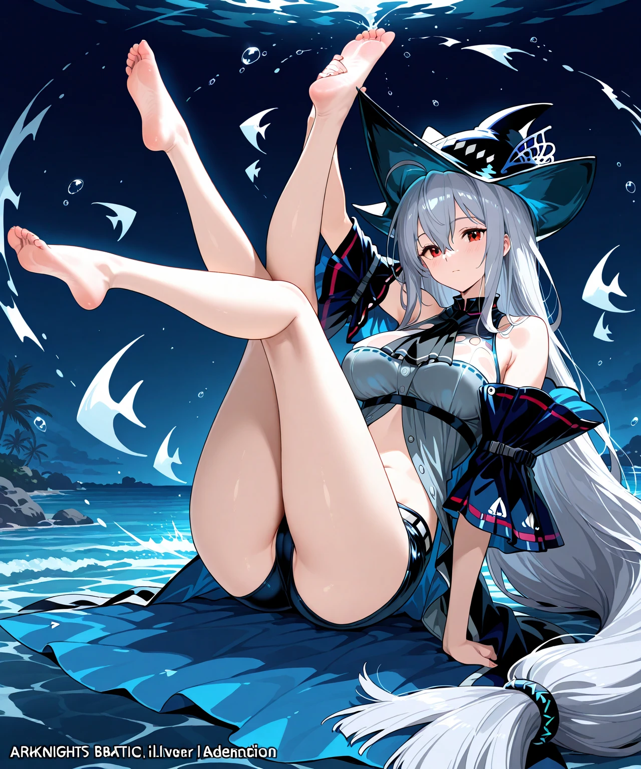 1girl, solo, Shylilybikini, detailed face, detailed eyes, on beach, sitting on towel, fireworks shoot in distance, at night, masterpiece, best quality <lora:Shylily-000003:1.0>