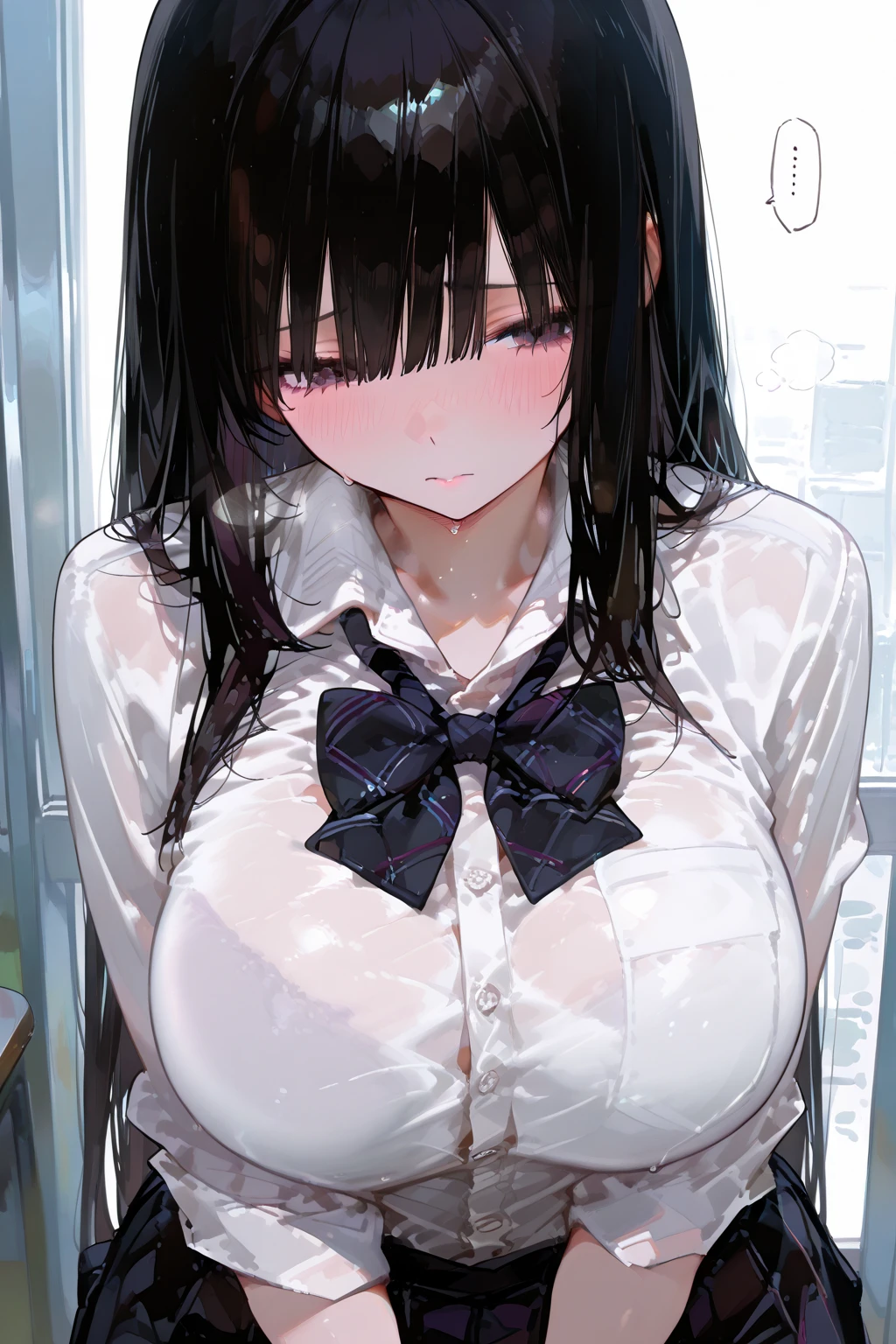 (Best quality, 8k, 32k, Masterpiece, UHD,:1.2),RAW, human, 1girl,ultra cute , ultra cute, natural lighting, transparent shining eyes, 20yo, large breast ,femur, fair complexion , flushed face, Long sleeve black cardigan, white collared shirt, black pleated mini skirt, dark red bow tie, shiny,((classroom)), near the window, soft smiling, ((wariza)), Unbuttoned shirt, From above, pink lace bra, show off bra, loafers
