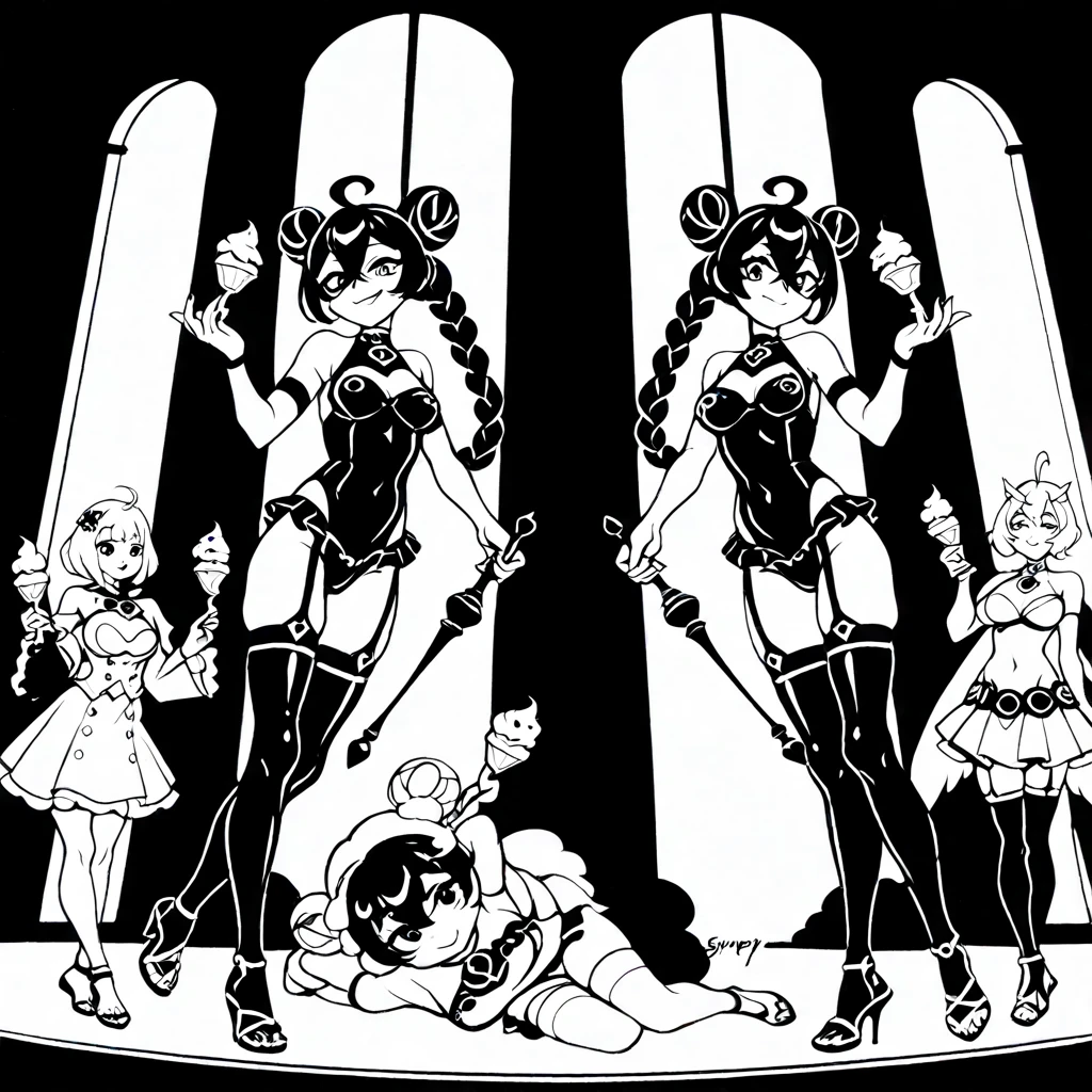 a woman standing on her stomach with bloody blood coming out the bottom, a sexy skeleton zombie in the dark holding glowing balls in his hand with three different spell behind her is speech bubble, a woman in a bikini on the floor of her home with no clothes on, two women with black and white art in the background one woman has her hand up, bathing suit standing at the kitchen counter, a female character dressed in a robot suit with no panties, a girl is shown wearing a cape and stockings with horns on her head and wearing lewd underwear