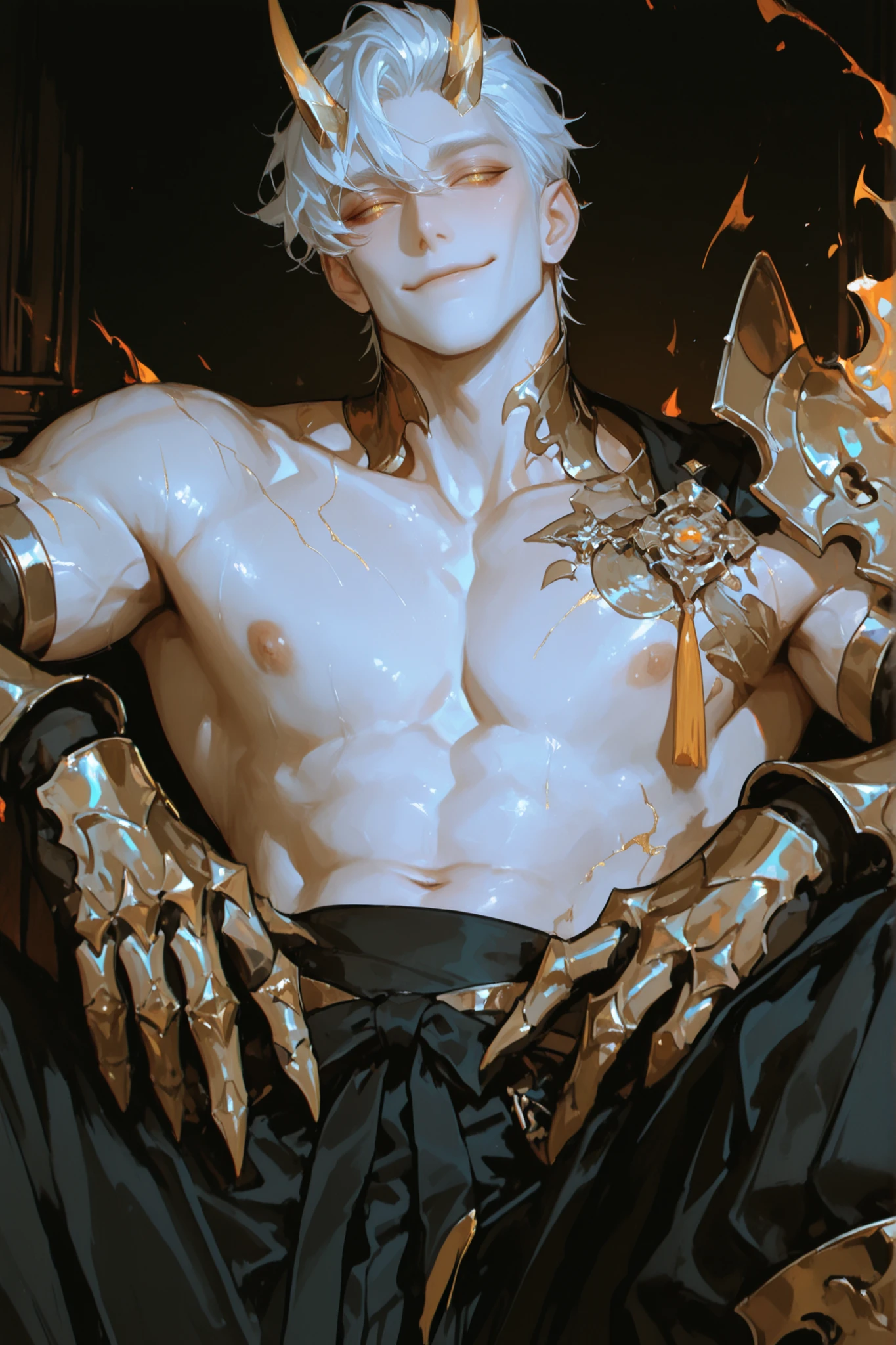 masterpiece, best quality, amazing quality, hyper-detailed, newest, very aesthetic, ((1man, adult male, athletic body)), fair skin, clean skin, white hair, short hair, diffused light, absurdres, highres, dark background, golden eyes, bright eyes, golden oni short horns. bishounen.
outfit: No shirt, Gauntlets with gold claw-like fingers. Waist protected by segmented armored tassets with flame engravings. Black hakama-style pants.
pose: smirk smile, ((front view)), sitting with spread legs, hands on belly