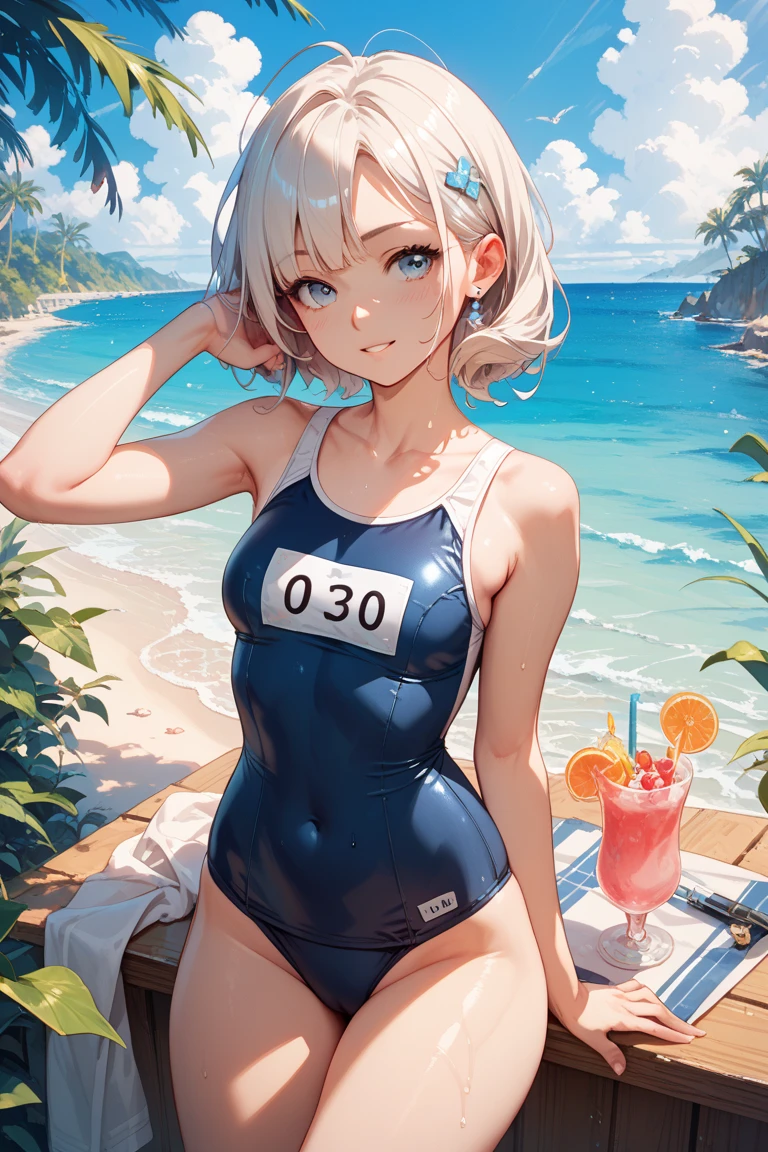 masterpiece, best quality, highres, 1girl, solo, short hair, white hair, hair bun, hair between eyes, colored eyelashes, aqua eyes, cleavage, sarashi, (big breasts: 1.5), (swim uniform: 1.2), standing, cowboy shot, outdoors, (beach: 1.2), night