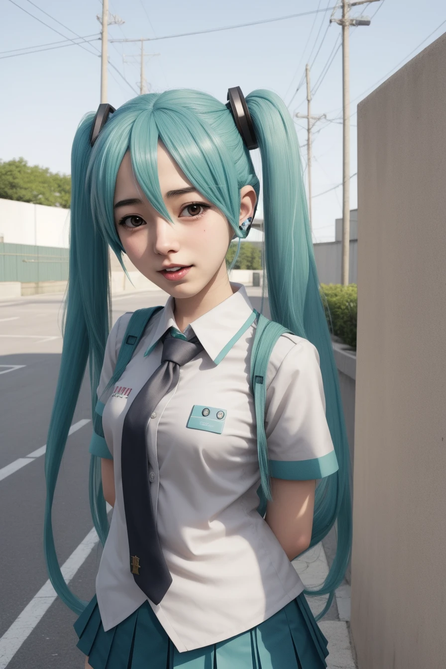 Hatsune Miku holding up the peace sign with her fingers with Jesus in the elevator with her