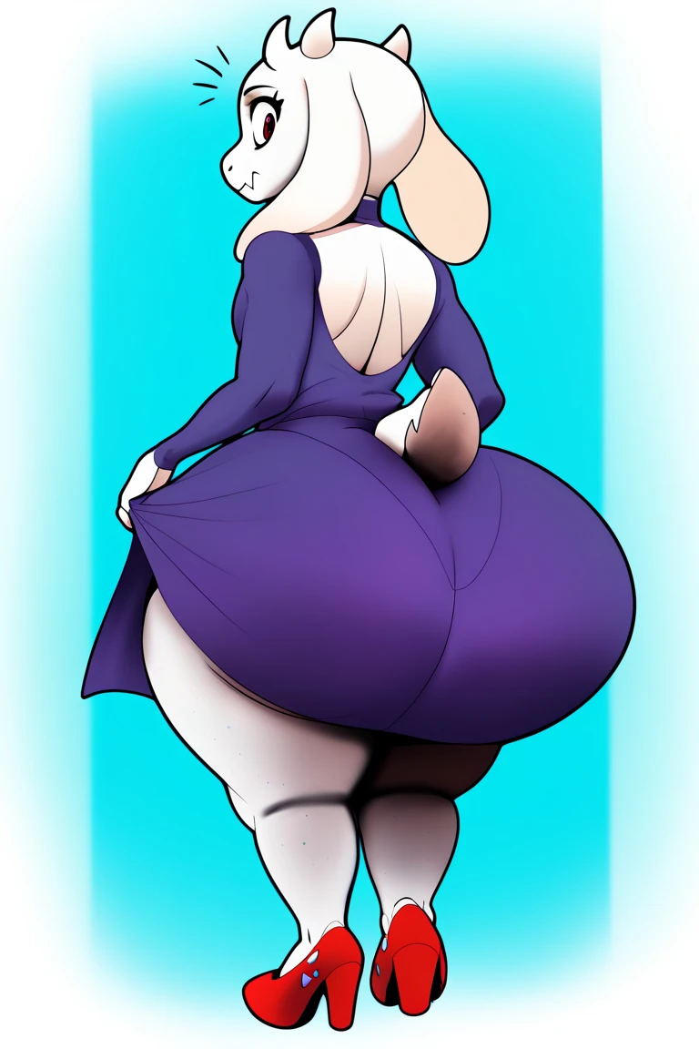 ,furry,toriel,giant ass,sexy, white hair,Short purple dress, sensual and cute body,milf,Sitting