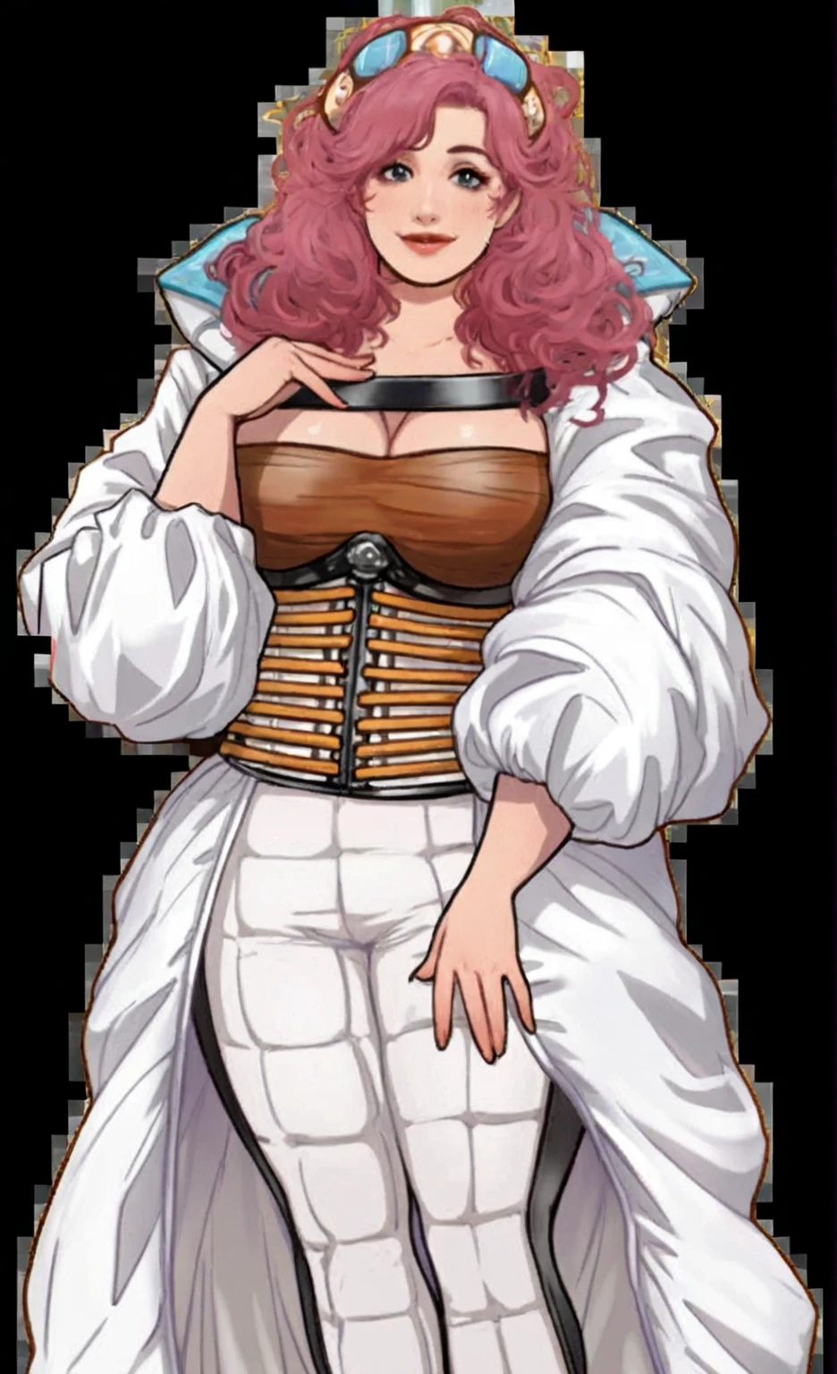 ((masterpiece,best quality)), Brown skin, yellow eyes, long red hair, big breasts, big hips, hair between eyes, hair flares out, 1girl, solo, brown-skinned female, red-haired female, front view, plump thighs, ponytail, reddish-brown skin tone, dress