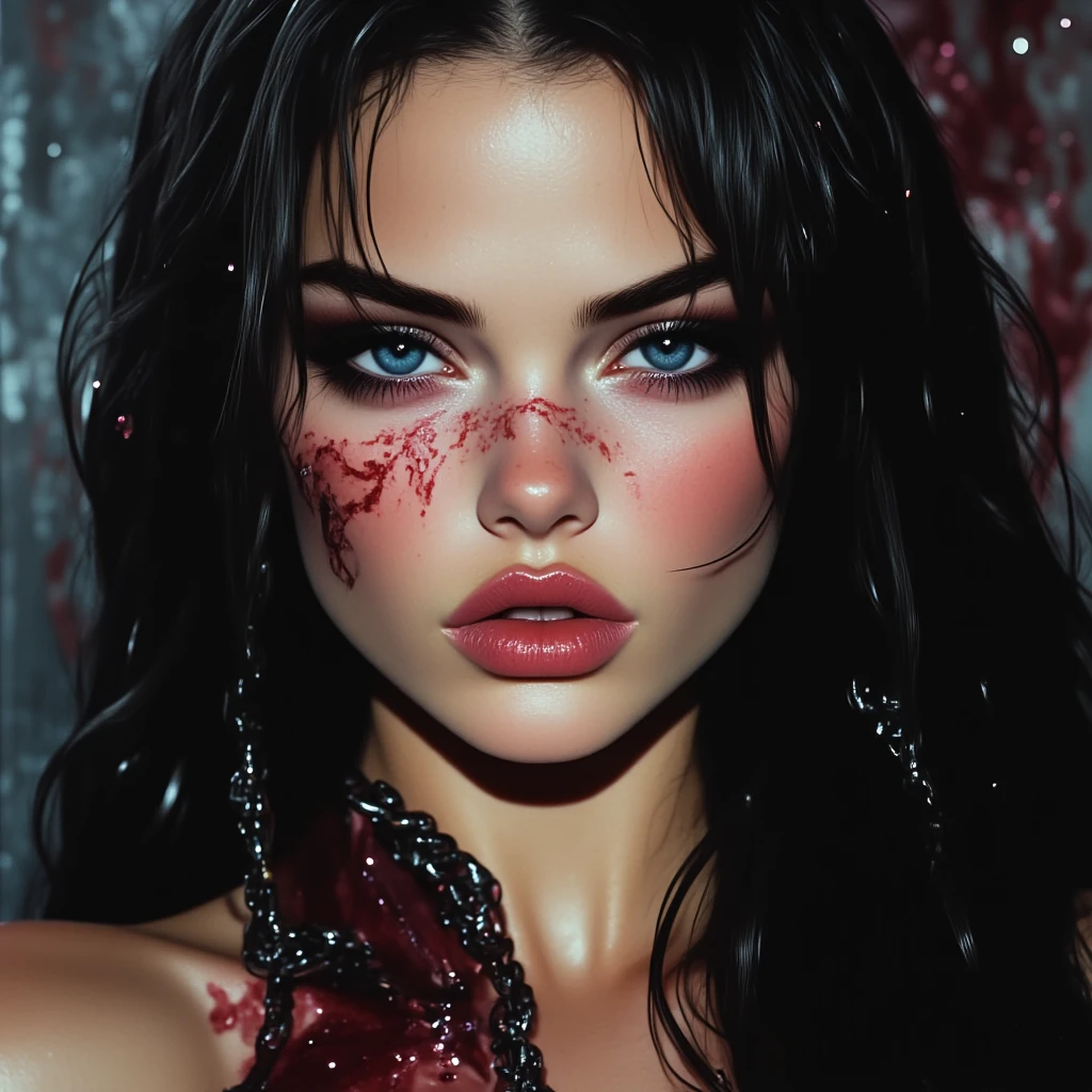 Top quality, best quality, masterpiece, 8k, real image, real photo, real photo, dark, dark, dark, fear, horror, real woman, realistic woman, american look, real woman (dark and voluminous hair, perfect eyes, perfect face, wearing burgundy color lipstick), whole body, ripping out one's own heart, dirty with blood,exposed, subtle nudity, nsfw,sexy_attire