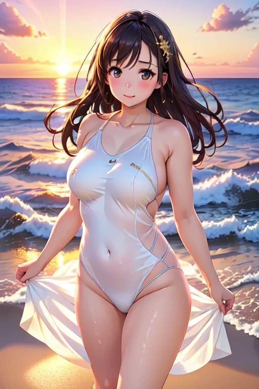 A girl in a white swimsuit, Black color hair, long whitr hair, Wet hair, blue color eyes, white swimsuits, (long leges:1.4), blue-sky,reflective light, Depth of field, Chiaroscuro, hyper HD, Anatomically correct, Textured skin, Super detail, High details, Best quality