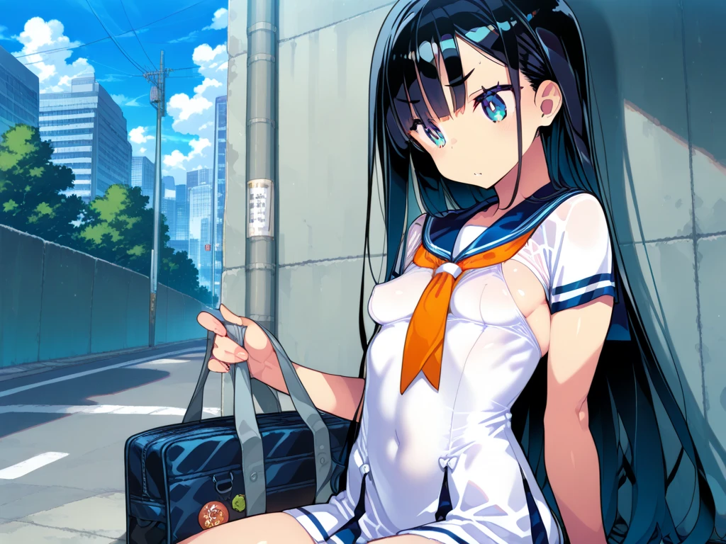 ,Outdoor、Outdoor Exposure,(全nakedで),naked,(She is wearing a large gray scarf around her neck, covering her shoulders.),Look down,tits,Nipples,belly button,Schoolyard,loafers,White loose socks,Hime cut,Long Hair,Navy blue student bag、cel animation,raffed Asian , Surreal school girl, High school girl posing, Surreal school girl, Young and thin gravure idol, Young Sensual Gravure Idol, Asian, so beautiful, Cute school girl, Young and cute gravure idol, A real young gravure idol, beautiful Asian