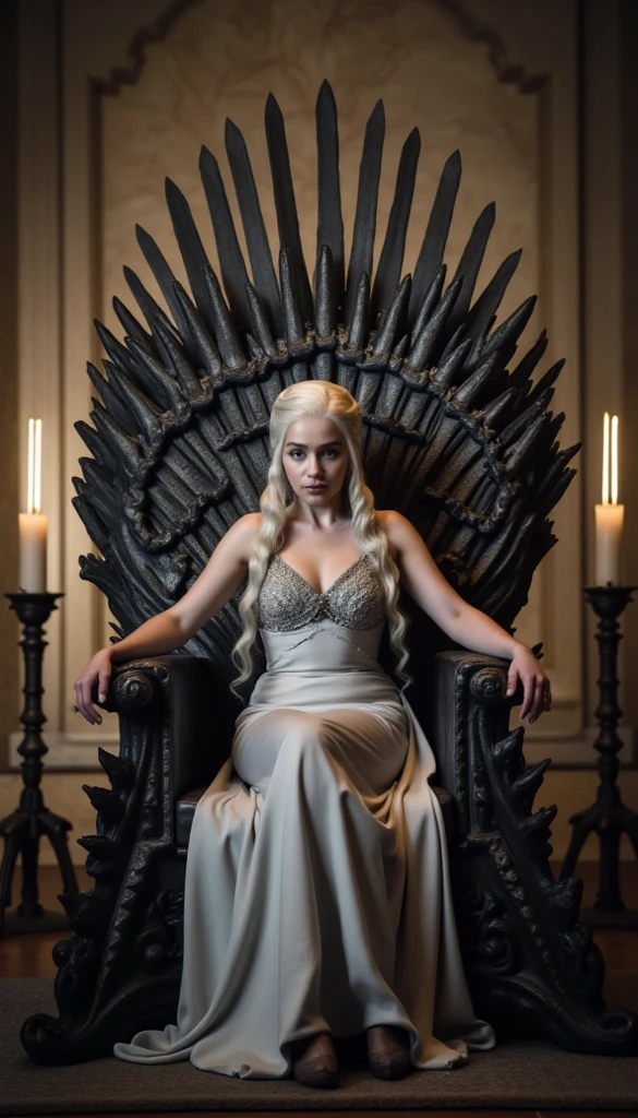 best quality,4k,8k,highres,masterpiece:1.2,ultra-detailed,realistic:1.37,Daenerys Targaryen, beautiful detailed eyes,beautiful detailed lips,extremely detailed eyes and face,longeyelashes,dragon queen,blond hair,piercing blue eyes,queen's gown,confident expression,regal posture,dramatic lighting,fire-breathing dragon,creative portrait,emotional portrait,vivid colors,Game of Thrones fan art,medieval fantasy,stylized artwork,smoke and fire effects,dragons flying in the background,throne room setting,fiery atmosphere,powerful and majestic,A Song of and Fire,large scale mural,rich textures,depth and dimension,ethereal and captivating scene, sexy, alluring